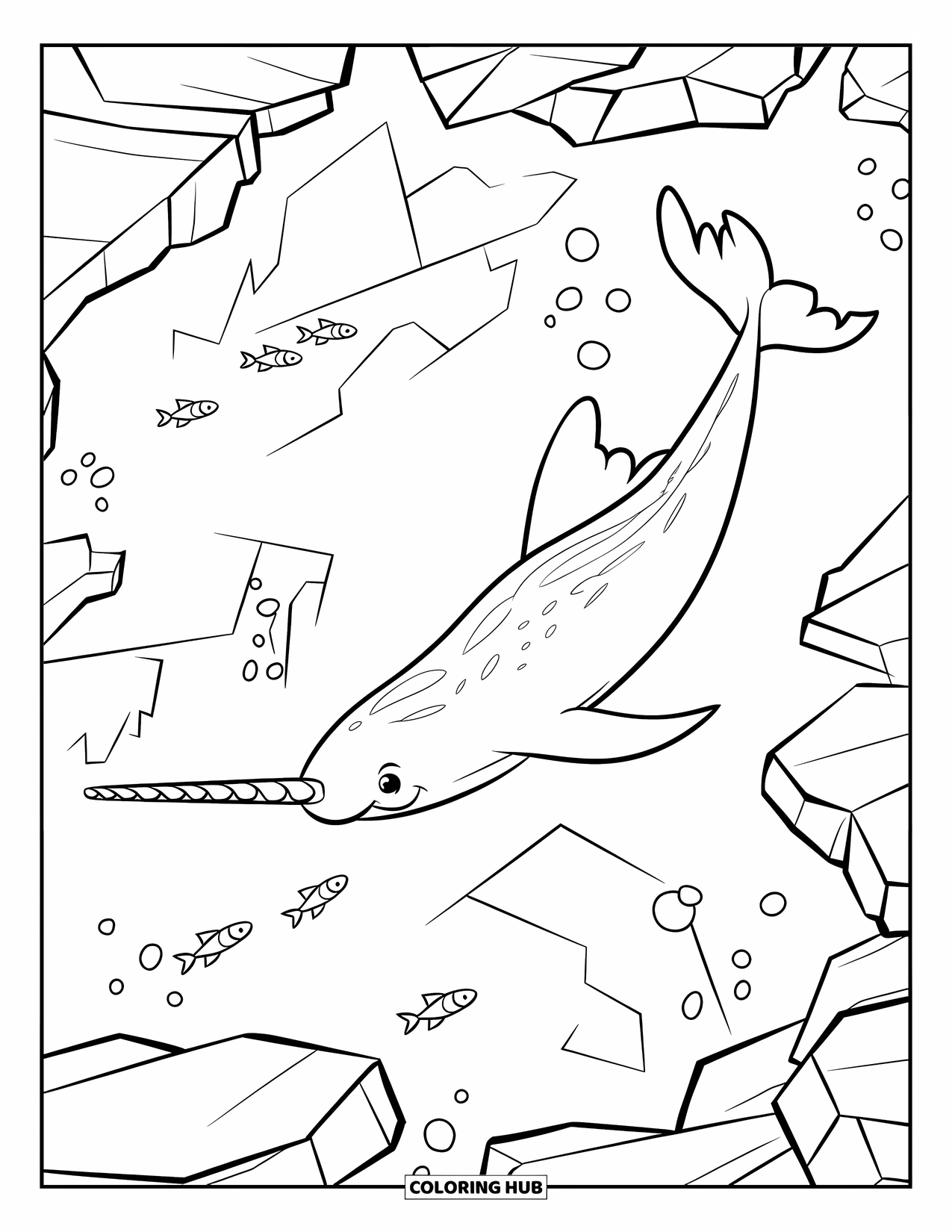 Arctic Animals Coloring Page for Kids: A narwhal glides between icy cracks and darting fish