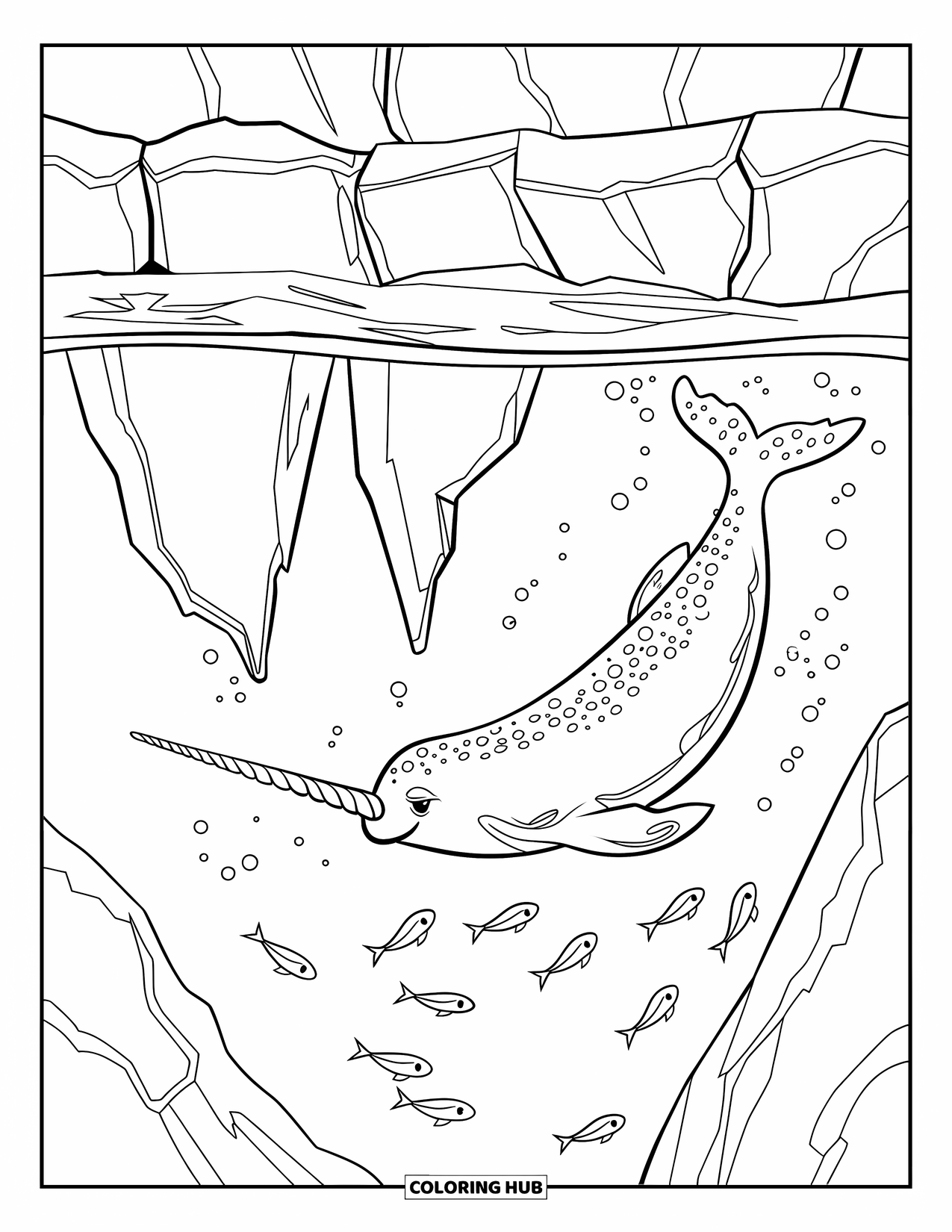Arctic Animals Coloring Page for Kids: A narwhal swims past frozen cracks and shimmering fish