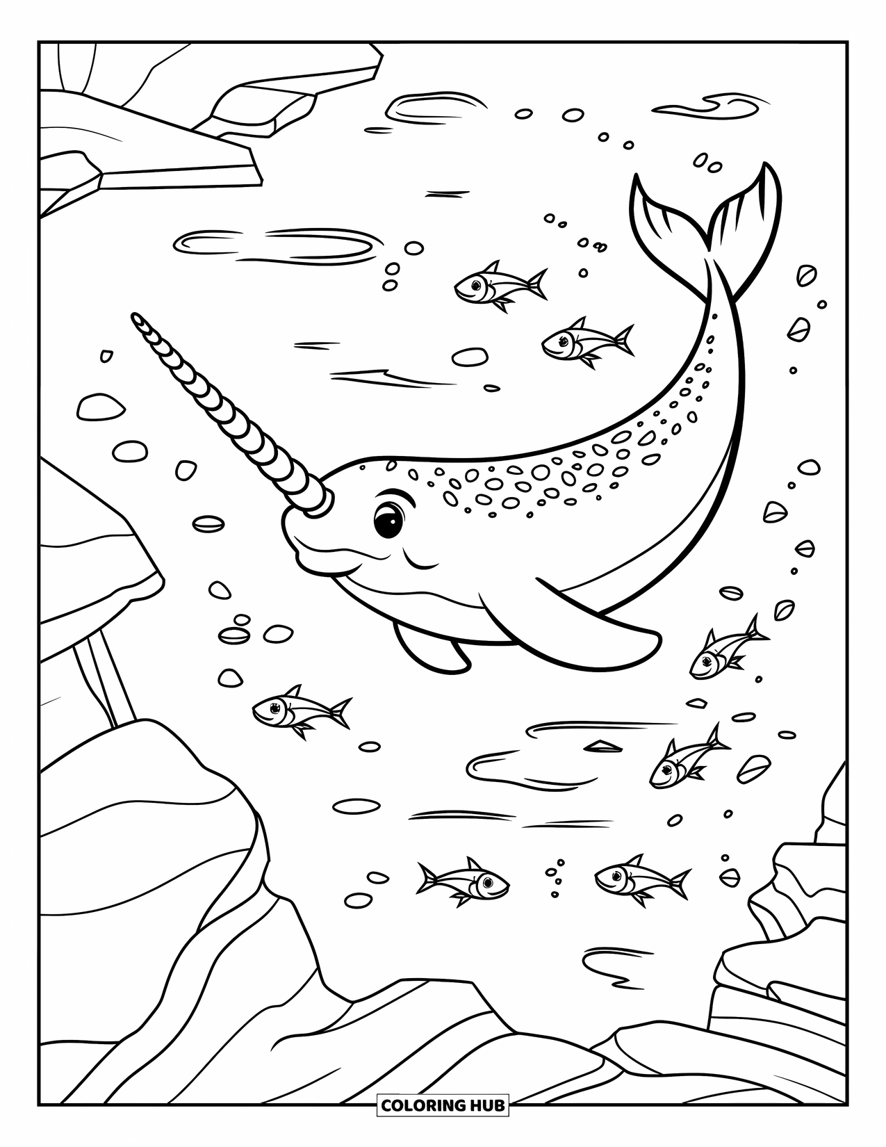 Arctic Animals Coloring Page for Kids: A narwhal swims through icy waters surrounded by fish