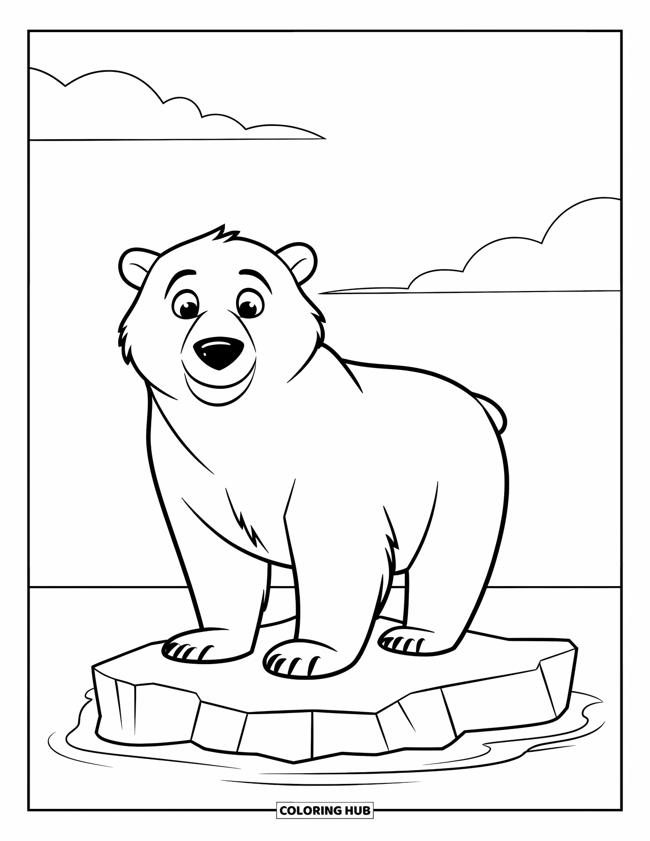 Arctic Animals Coloring Page for Kids: A polar bear balances proudly atop a frozen iceberg