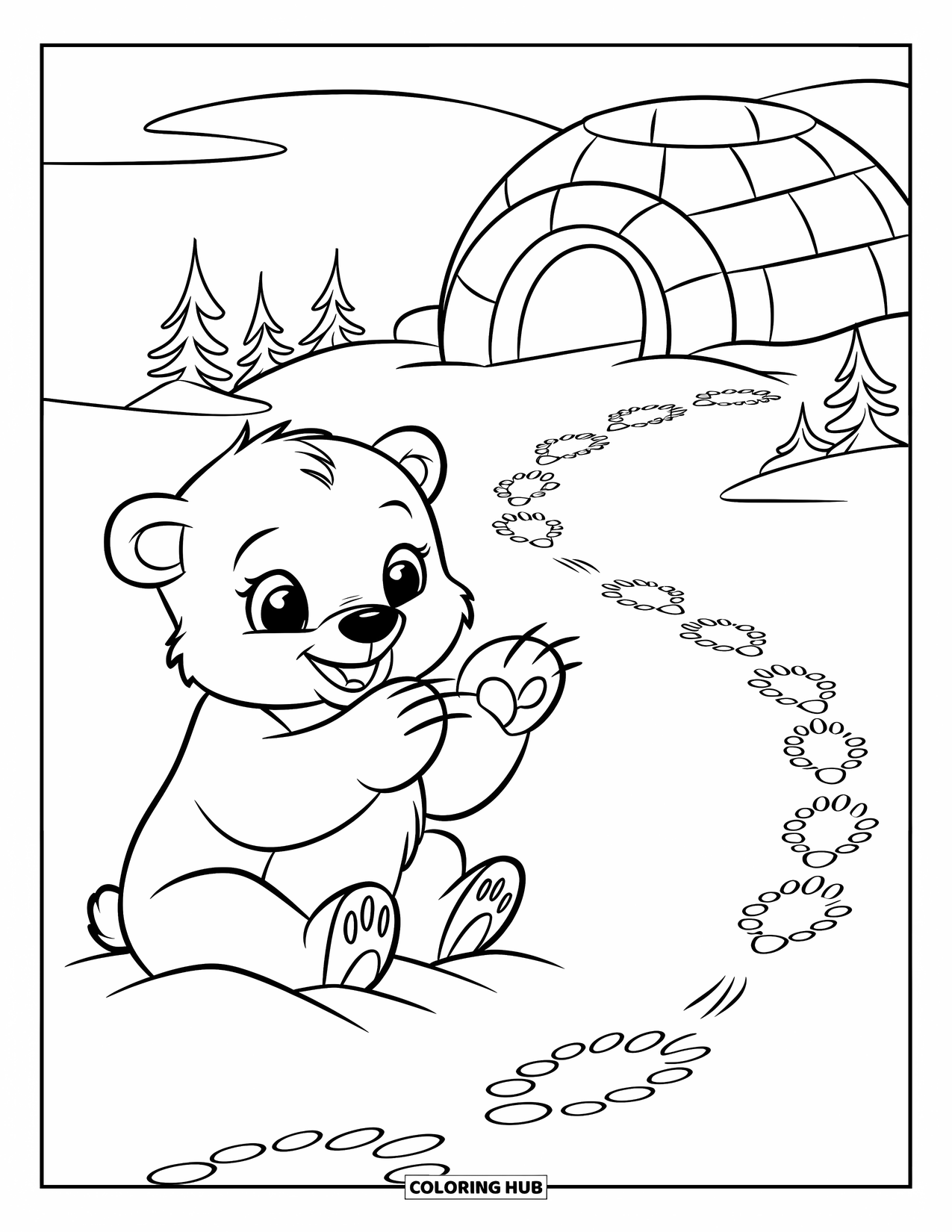 Arctic Animals Coloring Page for Kids: A polar bear cub reaches for snow under an igloo