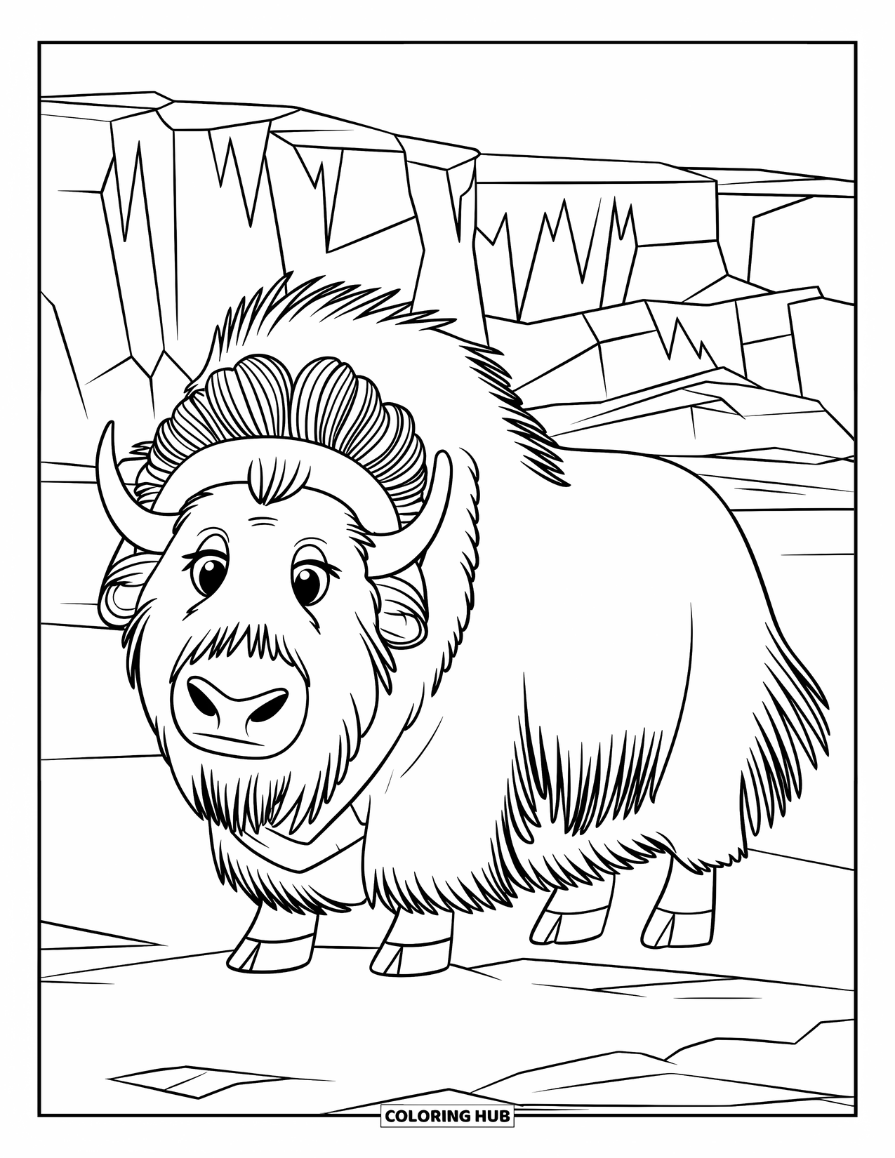 Arctic Animals Coloring Page for Kids: A shaggy musk ox stands proudly against Arctic winds