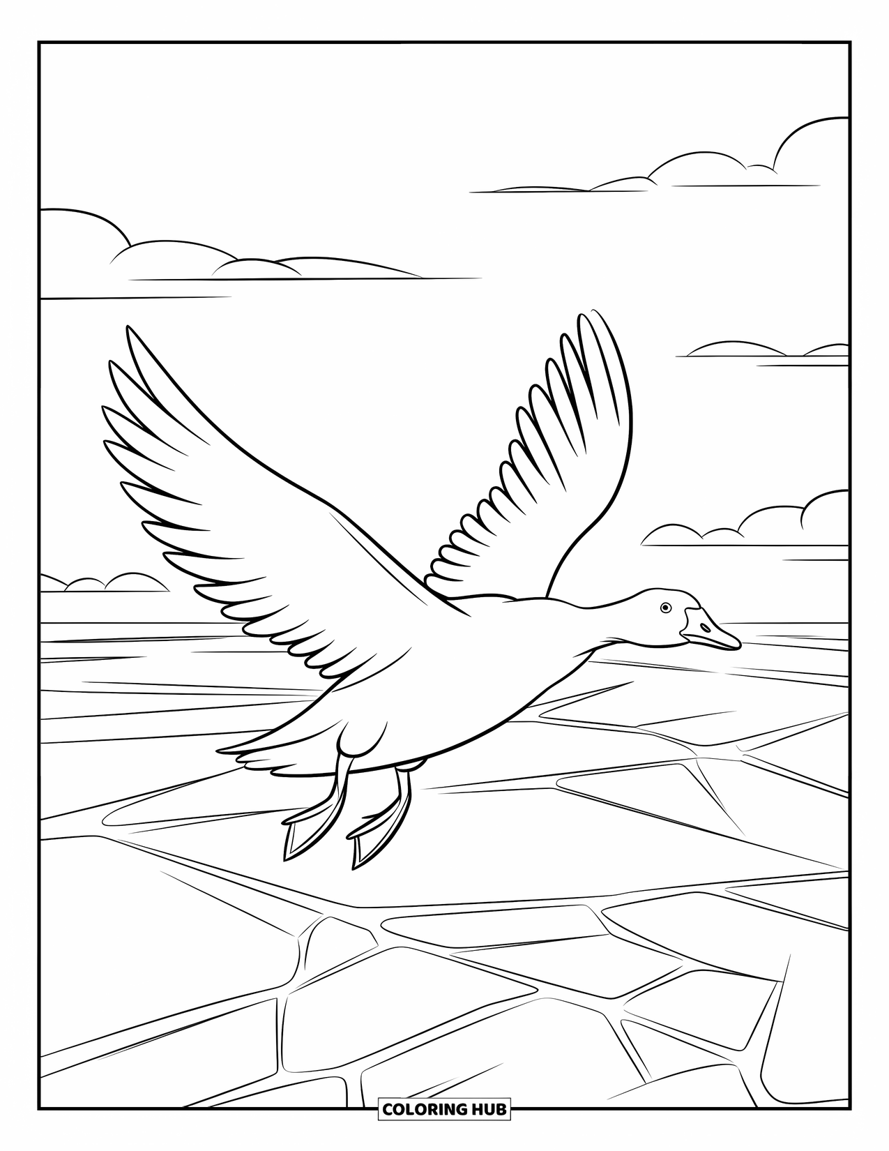 Arctic Animals Coloring Page for Kids: A snow goose glides toward cracked, frozen ground