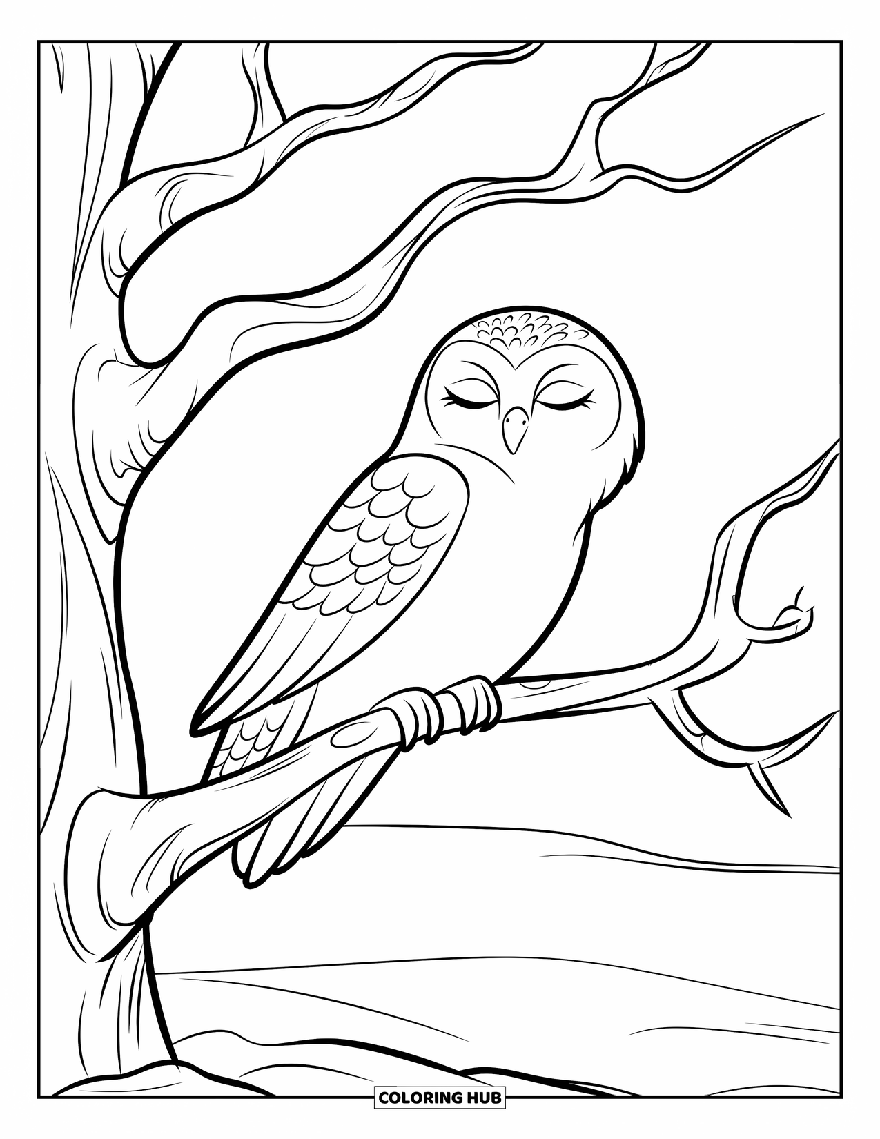 Arctic Animals Coloring Page for Kids: A snowy owl rests on a branch surrounded by white snow