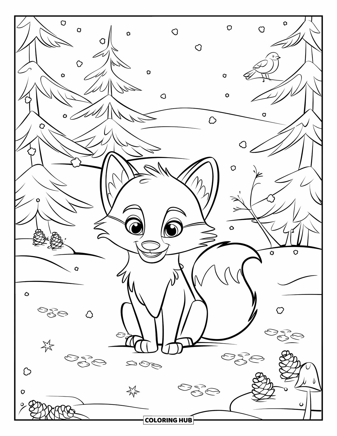 Arctic Animals Coloring Page for Kids: An arctic fox curls its tail around its paws in a snowy forest