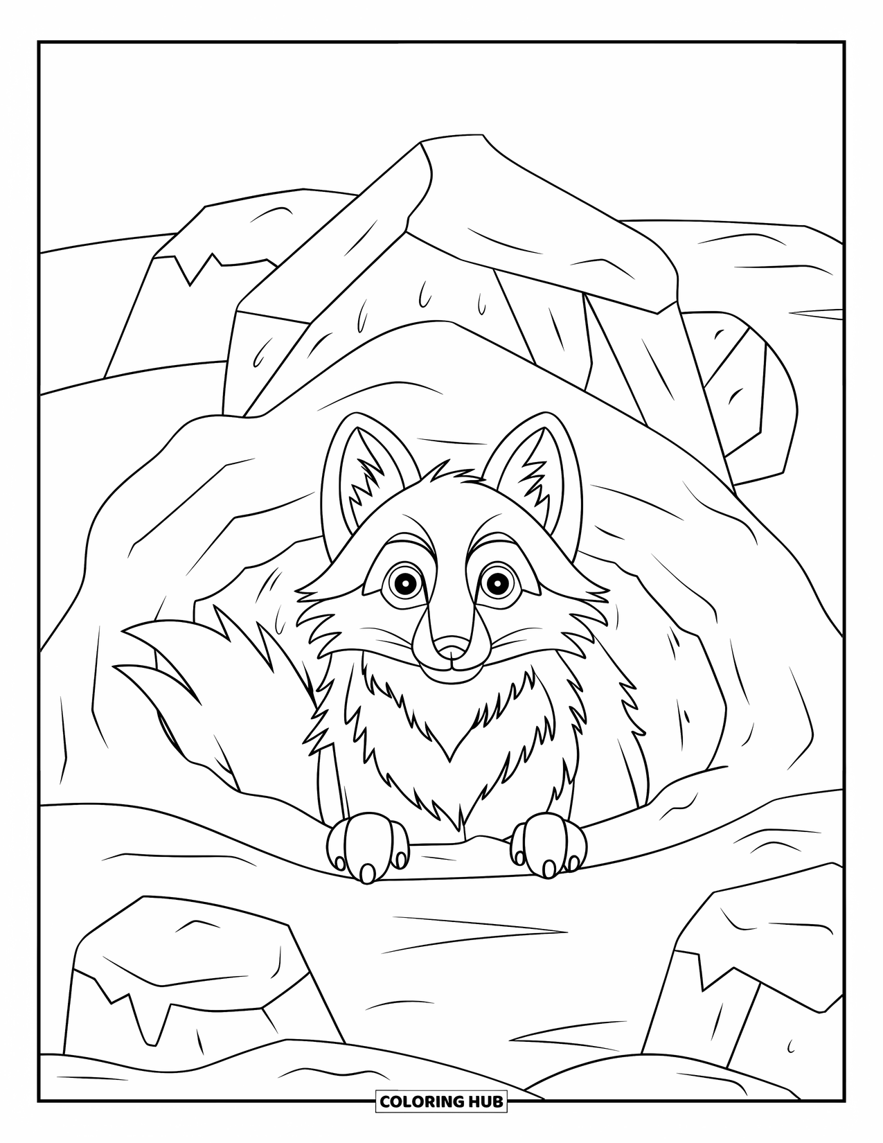 Arctic Animals Coloring Page for Kids: An arctic fox peeks curiously from a snowy burrow