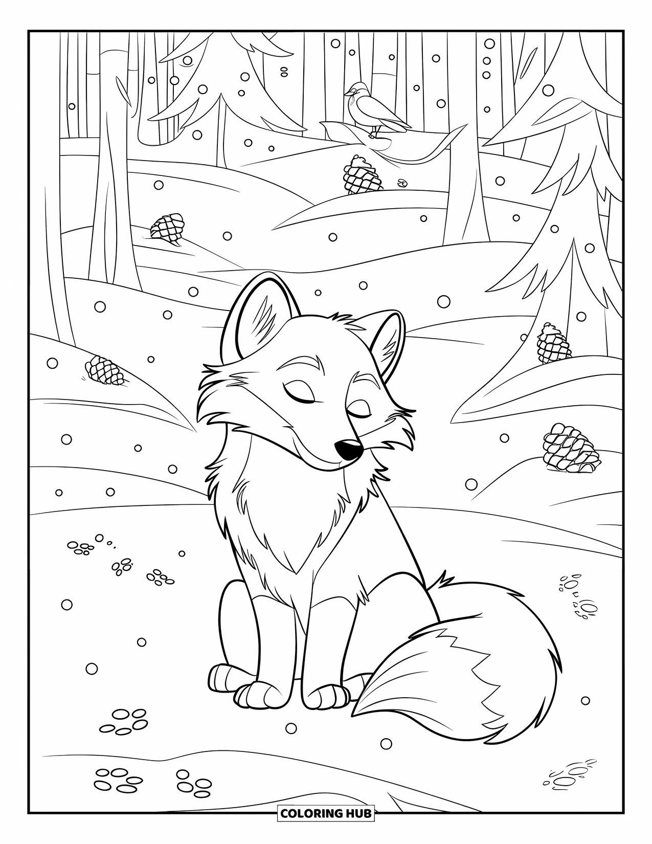 Arctic Animals Coloring Page for Kids: An arctic fox rests beneath falling snow near tall pines