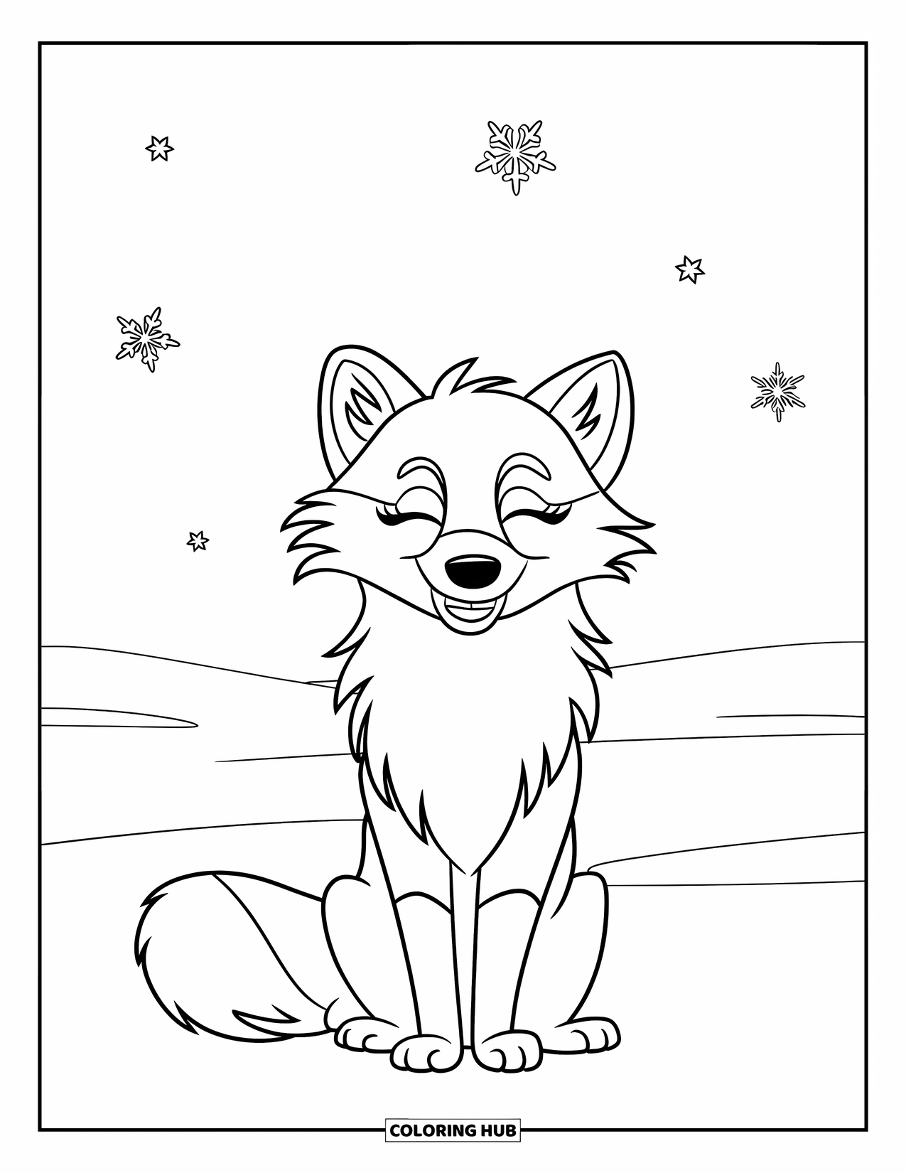 Arctic Animals Coloring Page for Kids: An arctic fox smiles peacefully beneath a snowy sky