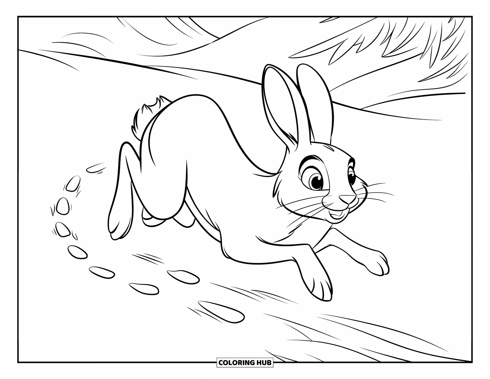 Arctic Animals Coloring Page for Kids: An arctic hare bounds through snow toward distant trees