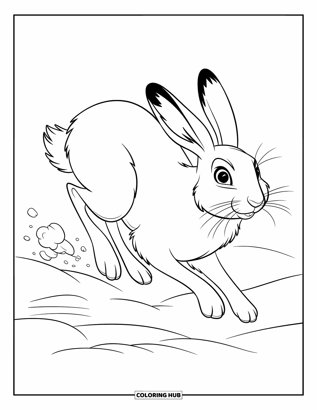 Arctic Animals Coloring Page for Kids: An arctic hare hops across the snow with a puff of powder
