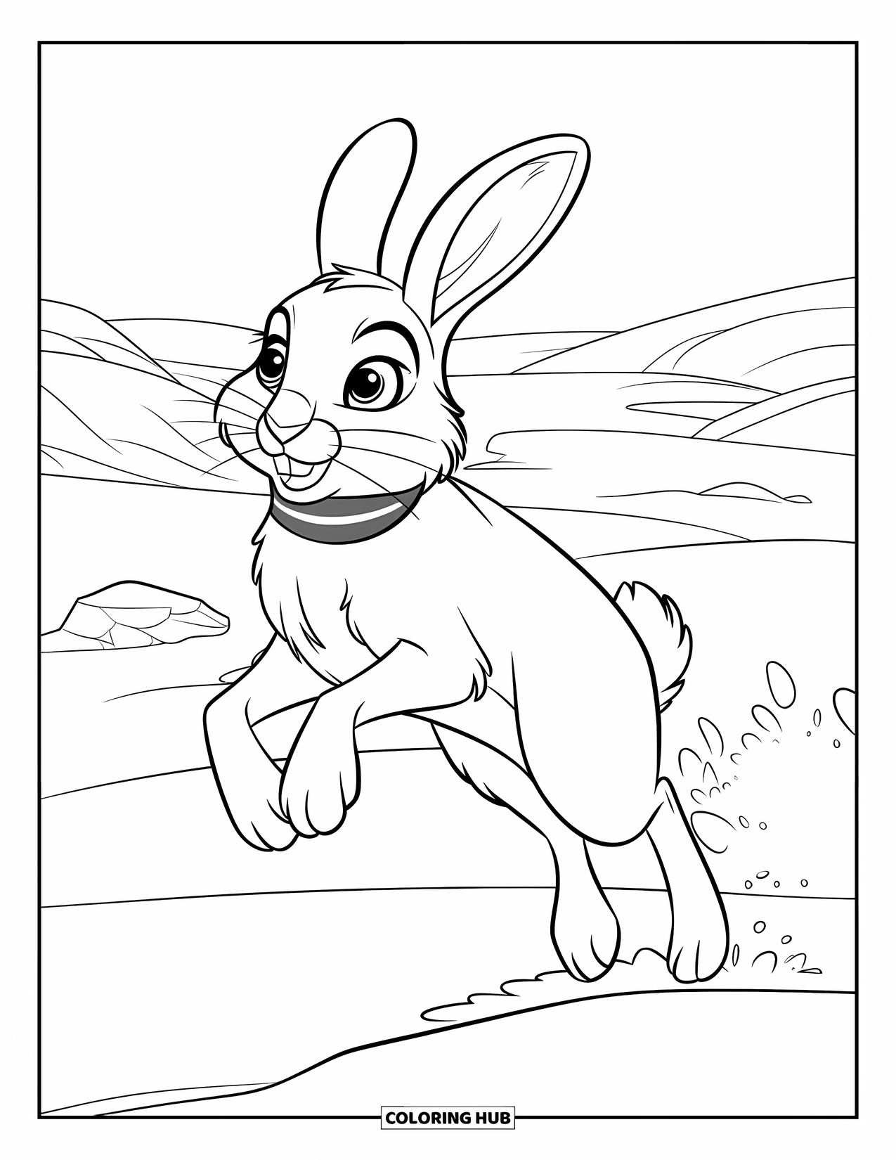 Arctic Animals Coloring Page for Kids: An arctic hare leaps joyfully over frozen hills