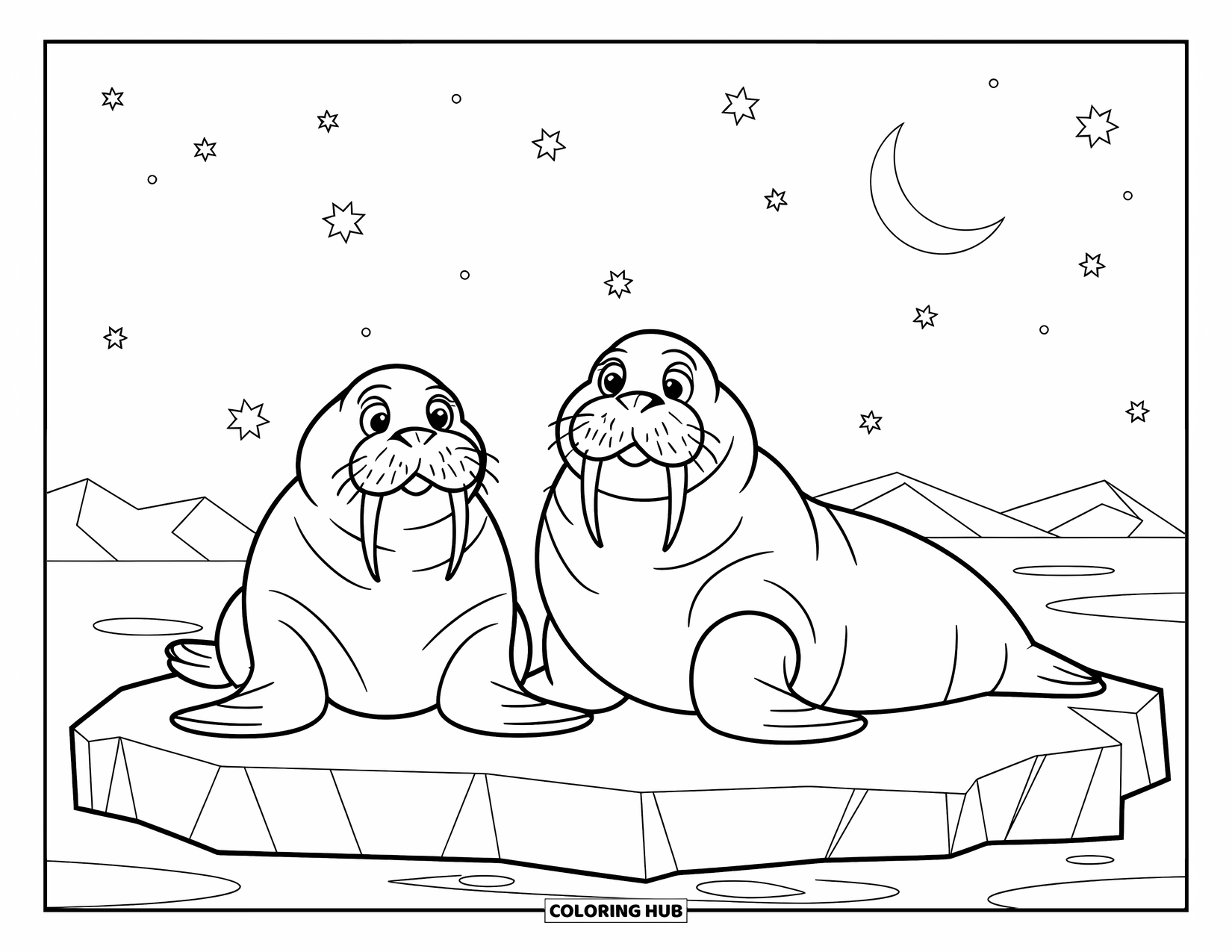 Arctic Animals Coloring Page for Kids: Two resting walruses lie beneath the northern lights
