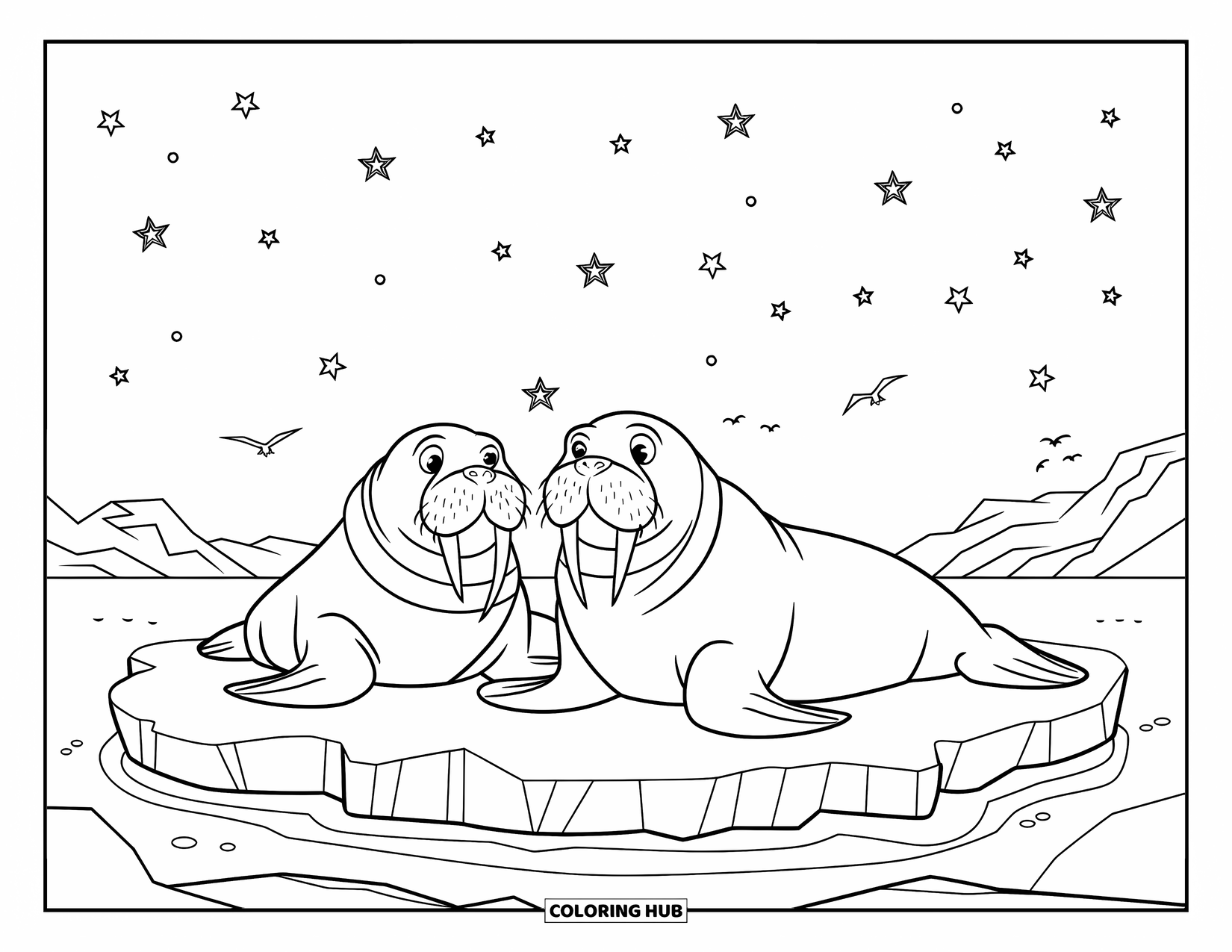 Arctic Animals Coloring Page for Kids: Two tusked walruses rest on a frozen floe under night skies