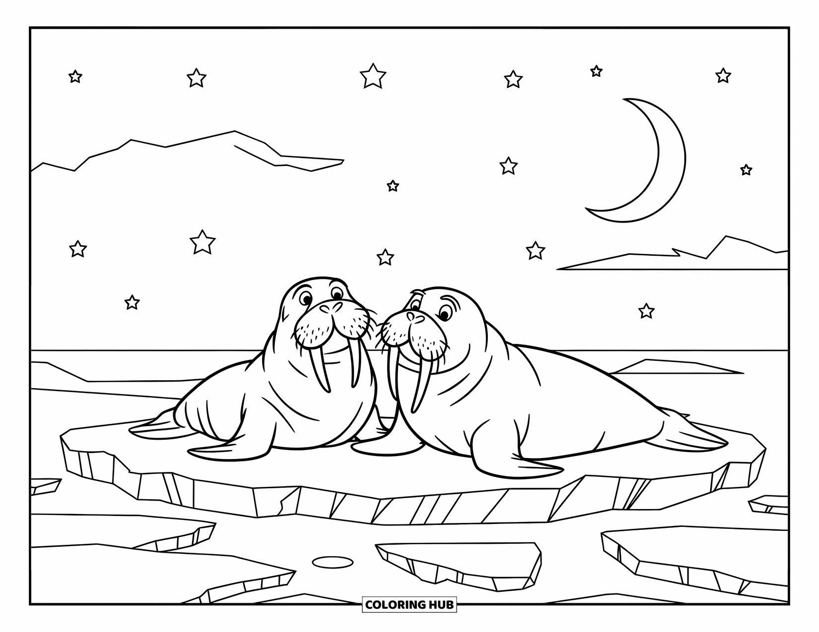 Arctic Animals Coloring Page for Kids: Two walruses bask on cracked ice beneath the stars