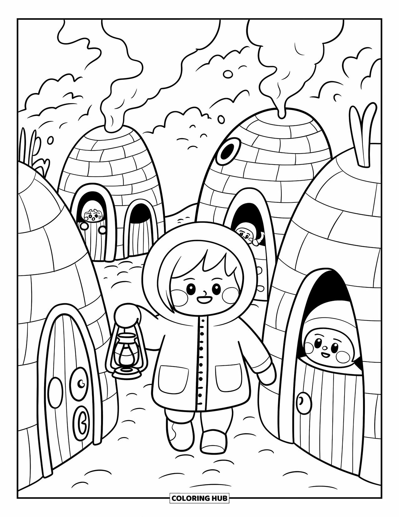 Arctic Coloring Page for Adults: A child holding a lantern walks past friendly neighbors in an igloo village