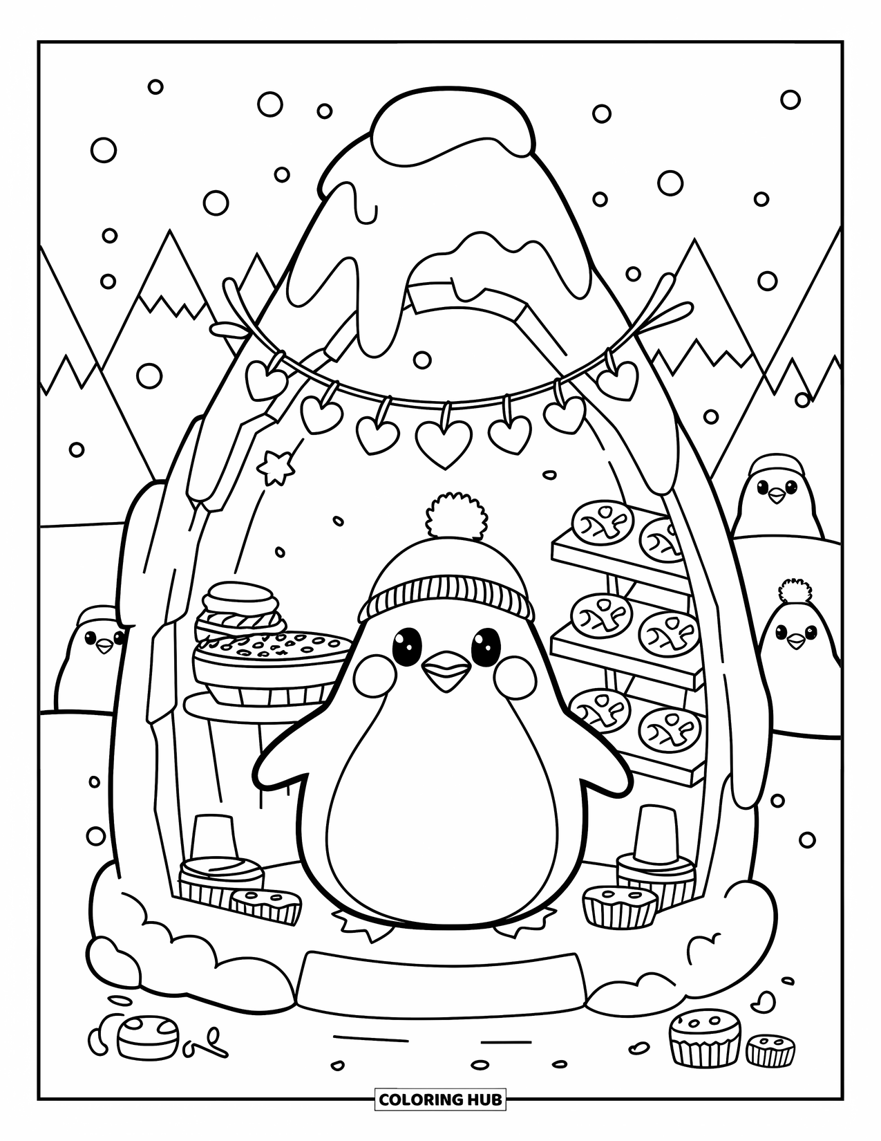 Arctic Coloring Page for Adults: A happy penguin works in an icy bakery decorated with heart garlands