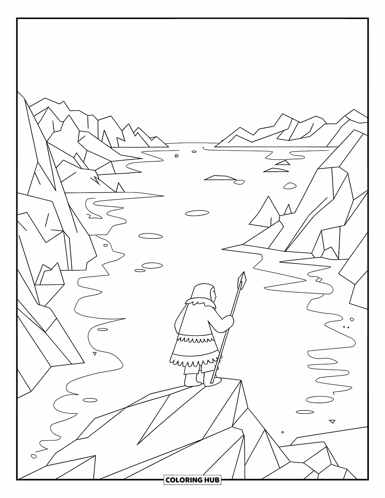 Arctic Coloring Page for Adults: A hunter with a spear overlooks the icy sea and distant icebergs