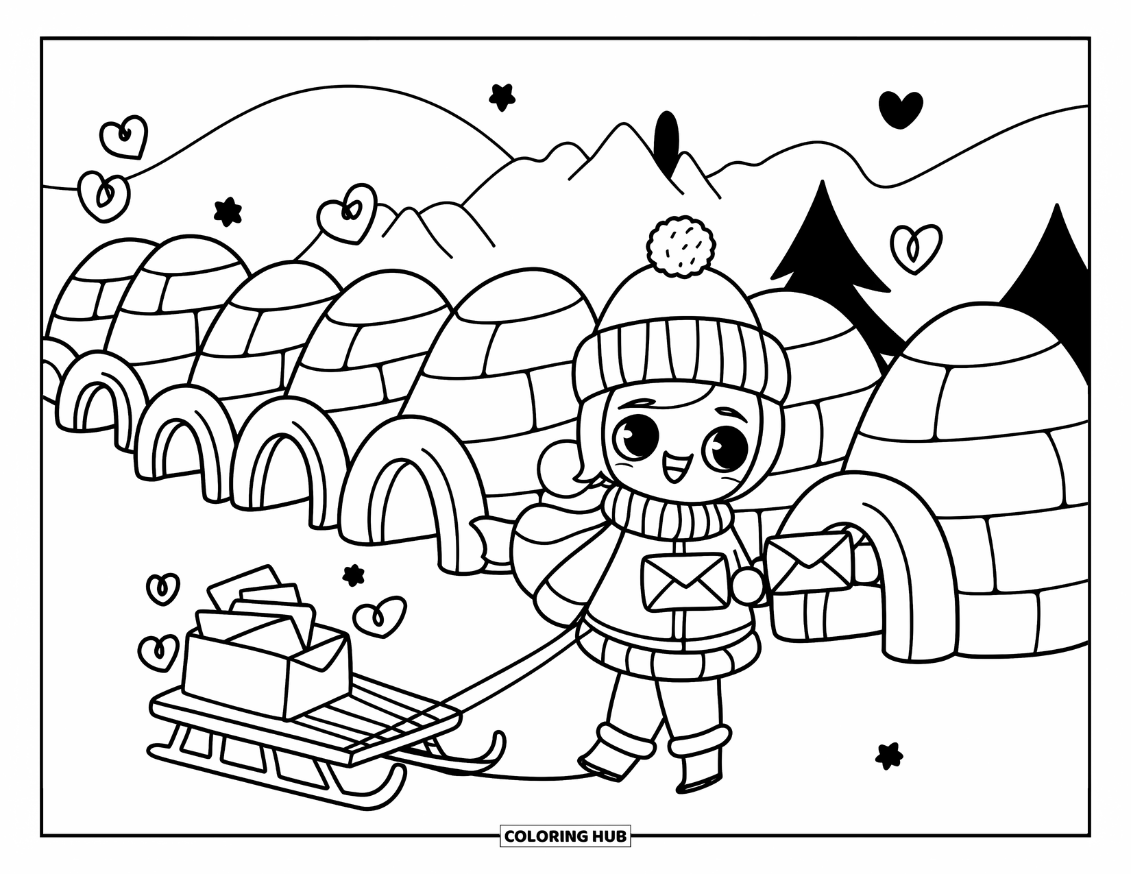 Arctic Coloring Page for Adults: A kawaii mail carrier brings letters to igloos surrounded by trees and mountains