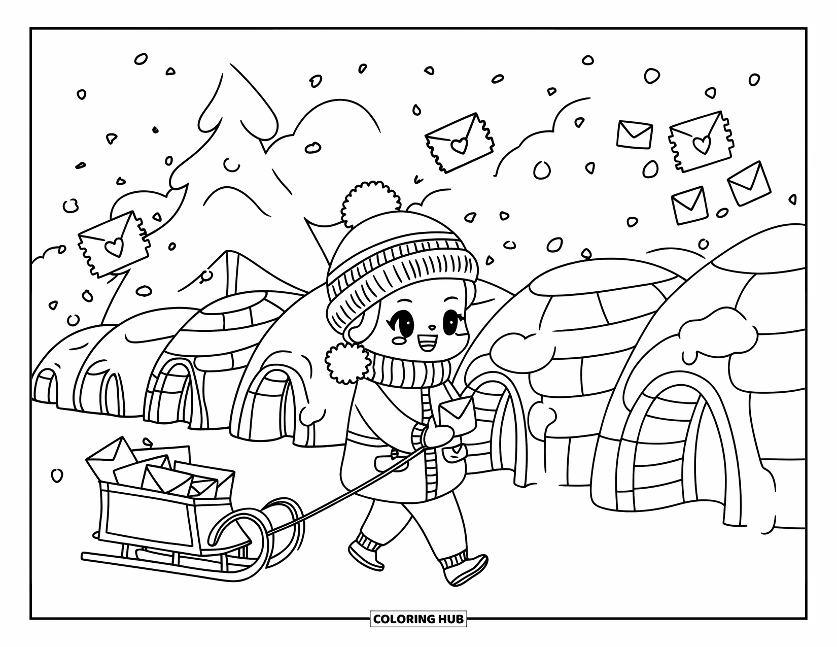 Arctic Coloring Page for Adults: A kawaii mail carrier delivers letters to igloos with heart-shaped stamps