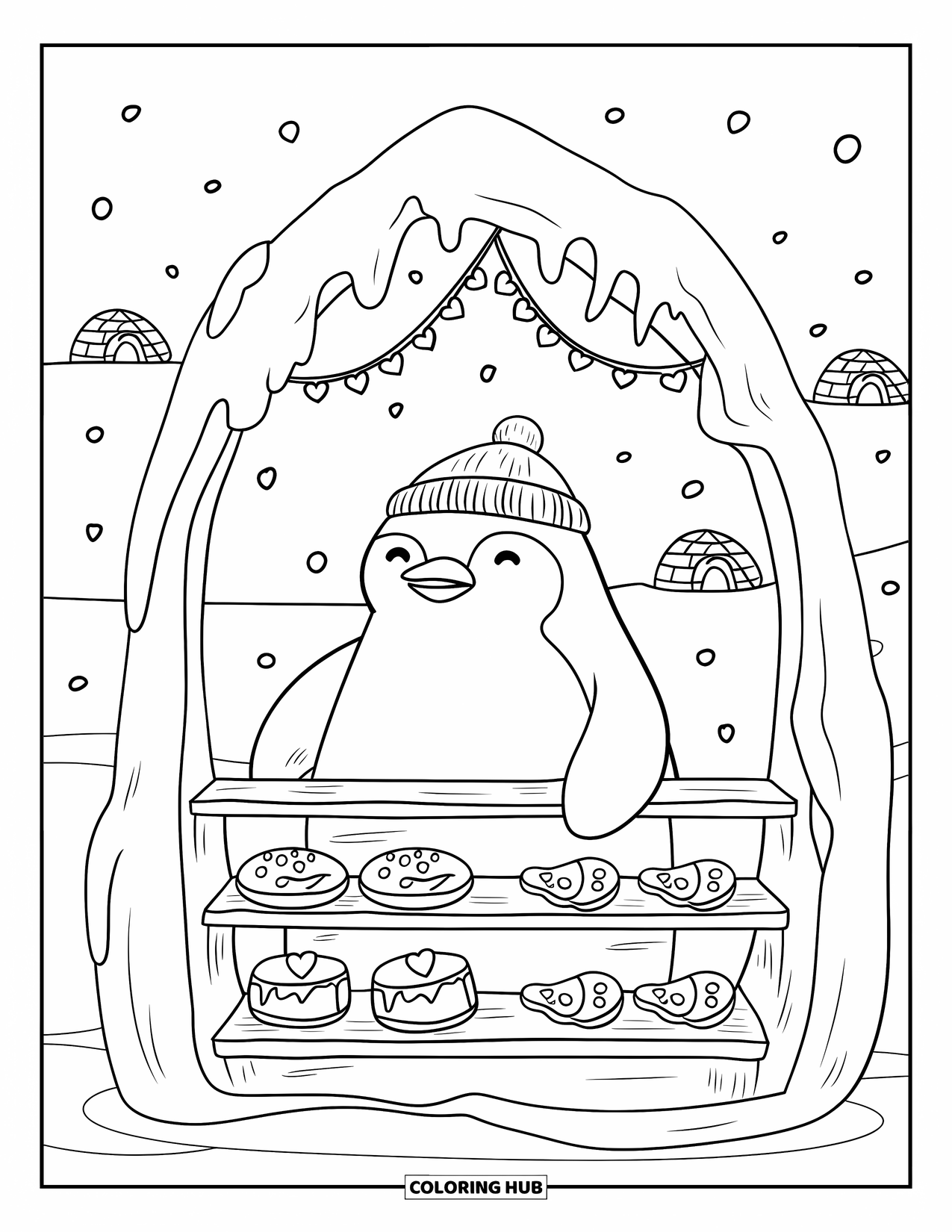 Arctic Coloring Page for Adults: A penguin baker shows off pastries in an Arctic bakery surrounded by igloos