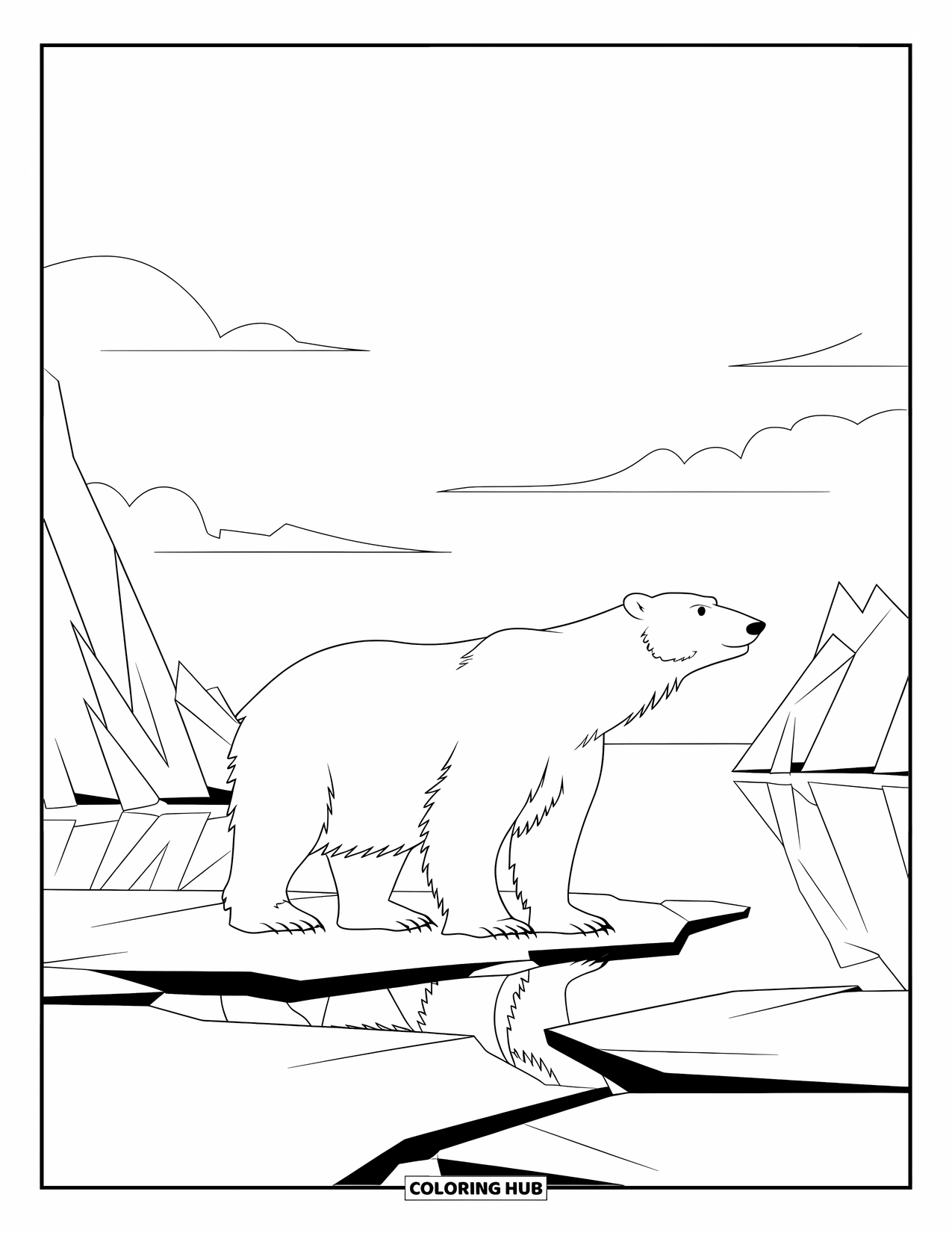 Arctic Coloring Page for Adults: A polar bear gazes across icy waters with mountains behind