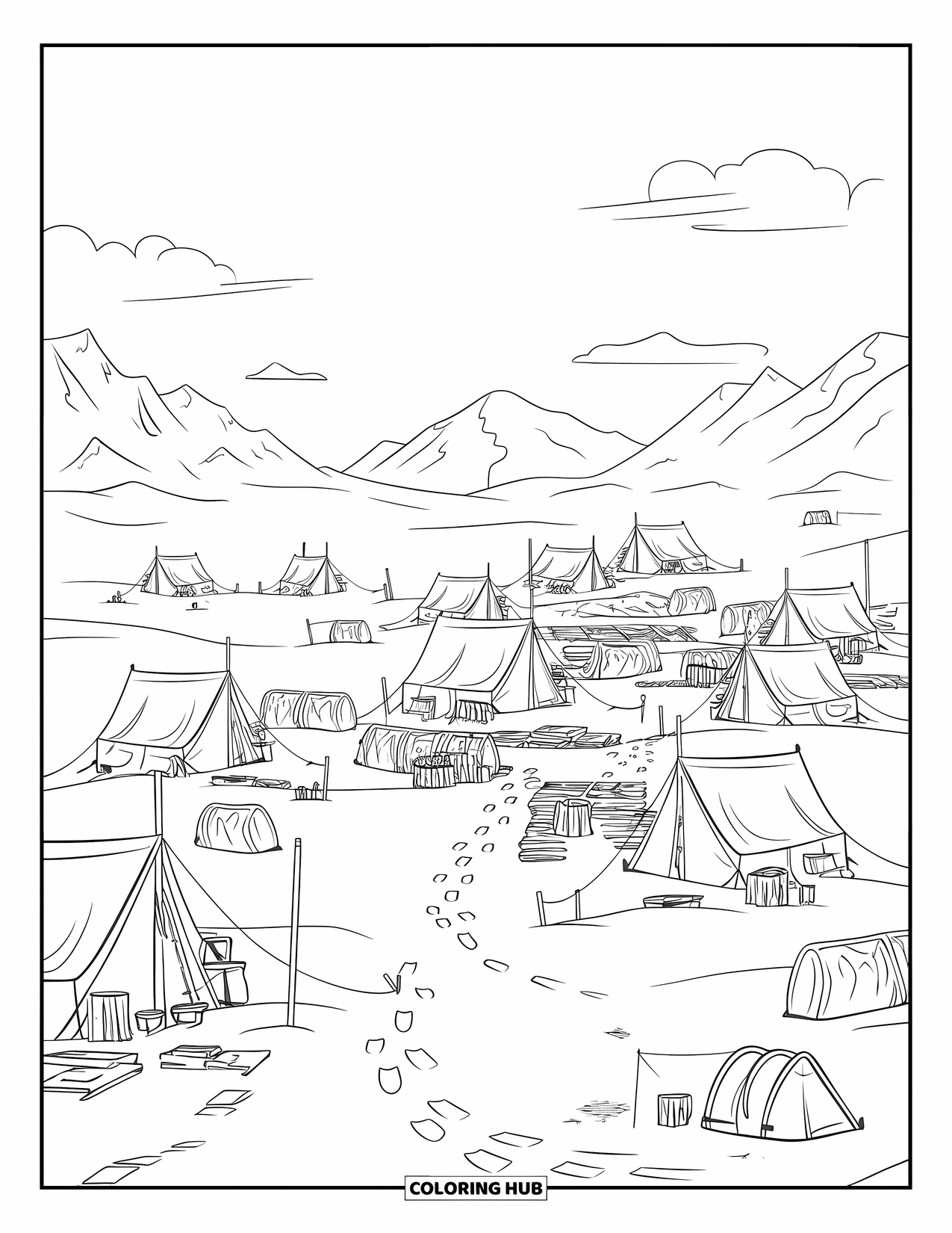 Arctic Coloring Page for Adults: A snowy camp with tents, gear, and mountains in the distance