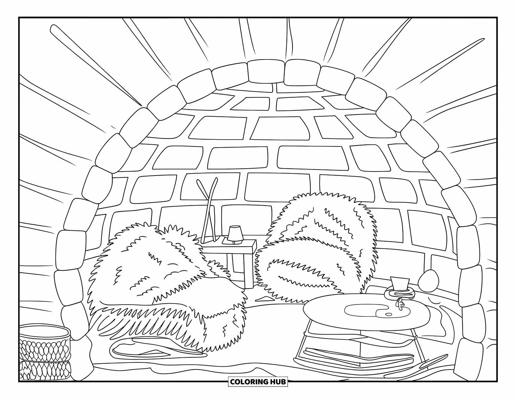 Arctic Coloring Page for Adults: A warm igloo interior with furs, tools, and a glowing lamp
