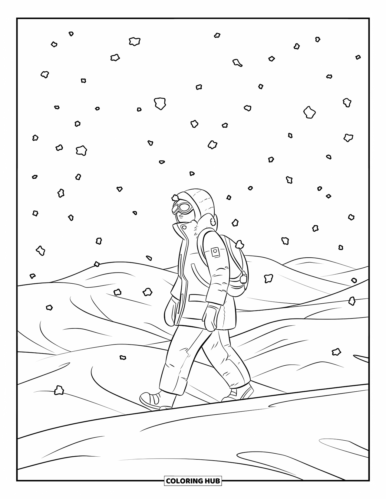 Arctic Coloring Page for Adults: A woman in Arctic gear walks through snowy dunes and falling snow