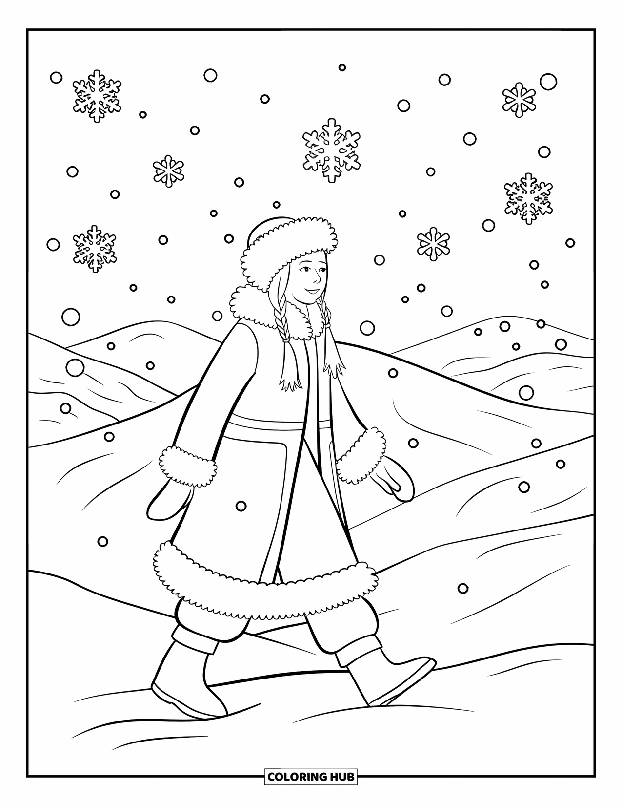 Arctic Coloring Page for Adults: A woman in winter clothes walks across dunes beneath drifting snowflakes