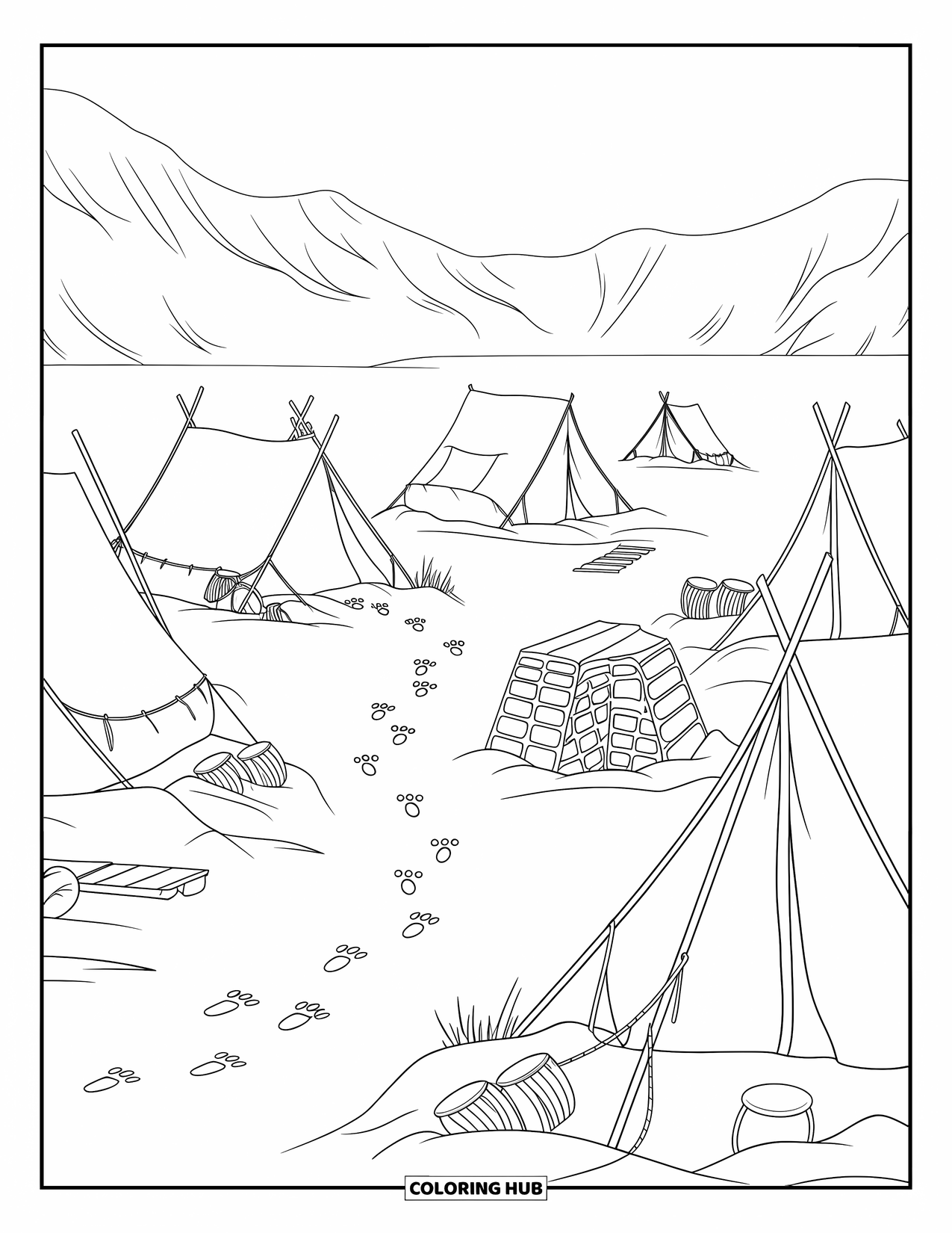 Arctic Coloring Page for Adults: An Arctic camp with tents, gear, and footprints in deep snow