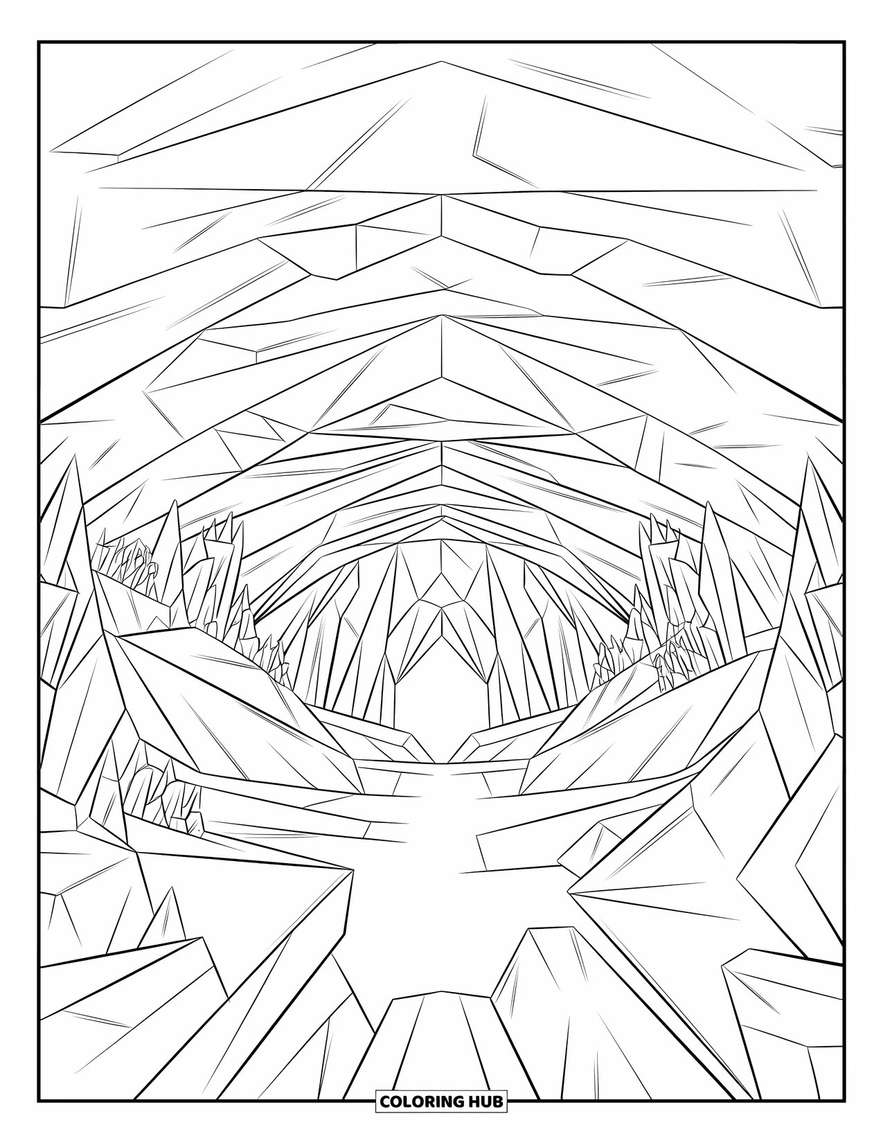 Arctic Coloring Page for Adults: An ice cave filled with shimmering crystals and geometric formations