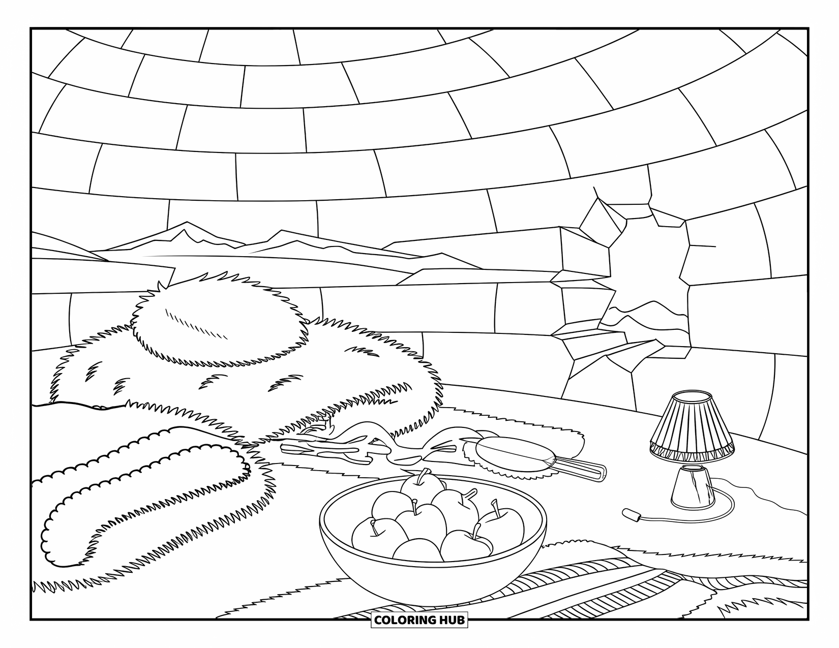 Arctic Coloring Page for Adults: An igloo interior with furs, a lamp, and snowy mountains outside