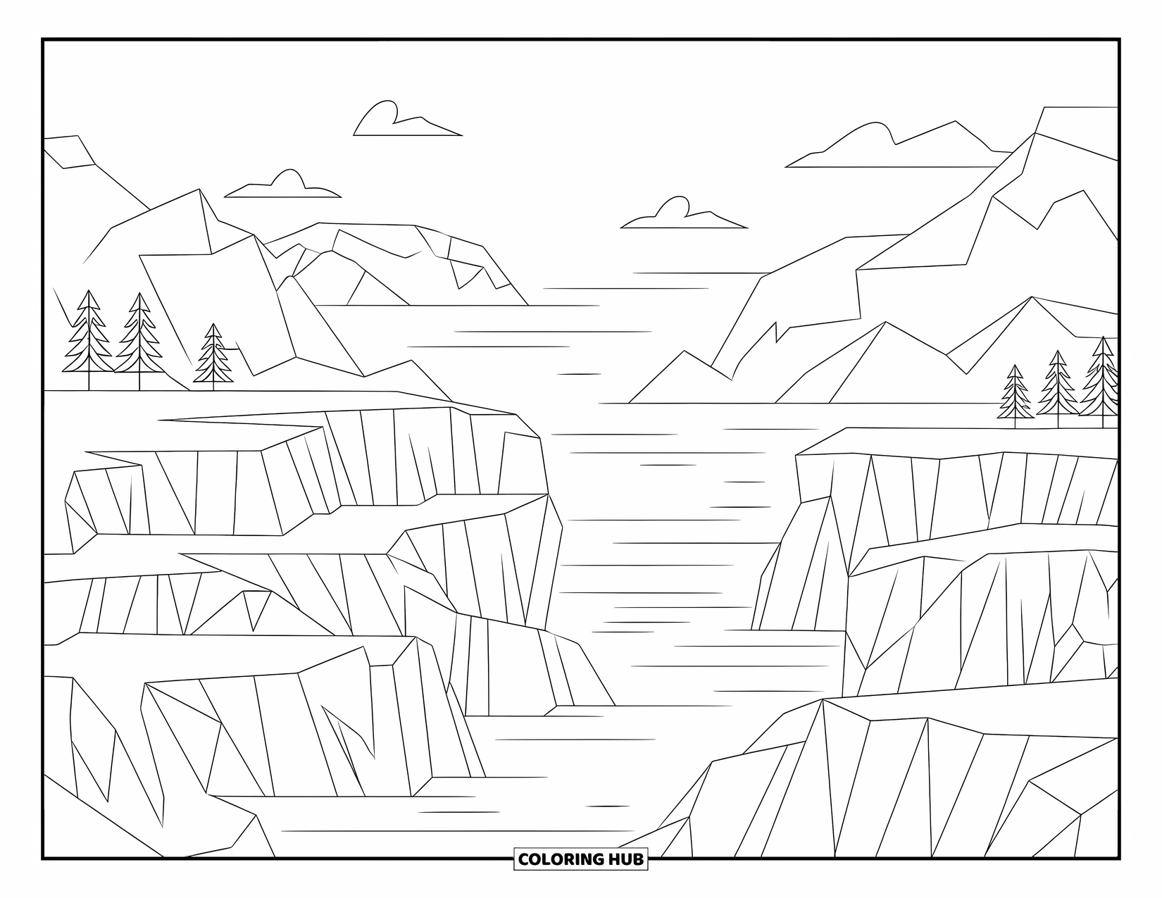 Arctic Coloring Page for Adults: Frozen cliffs and glaciers stretch across a peaceful Arctic view