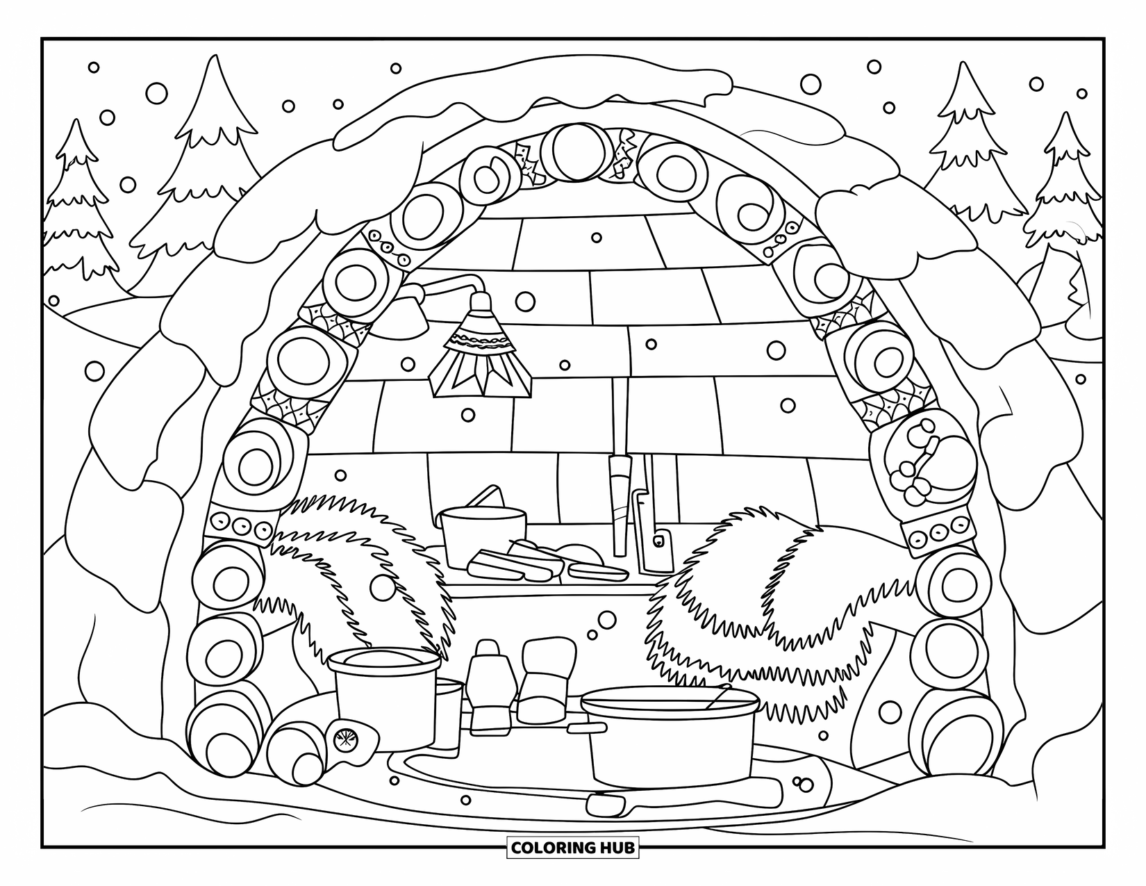 Arctic Coloring Page for Adults: Inside an igloo with furs, tools, and patterned wooden walls