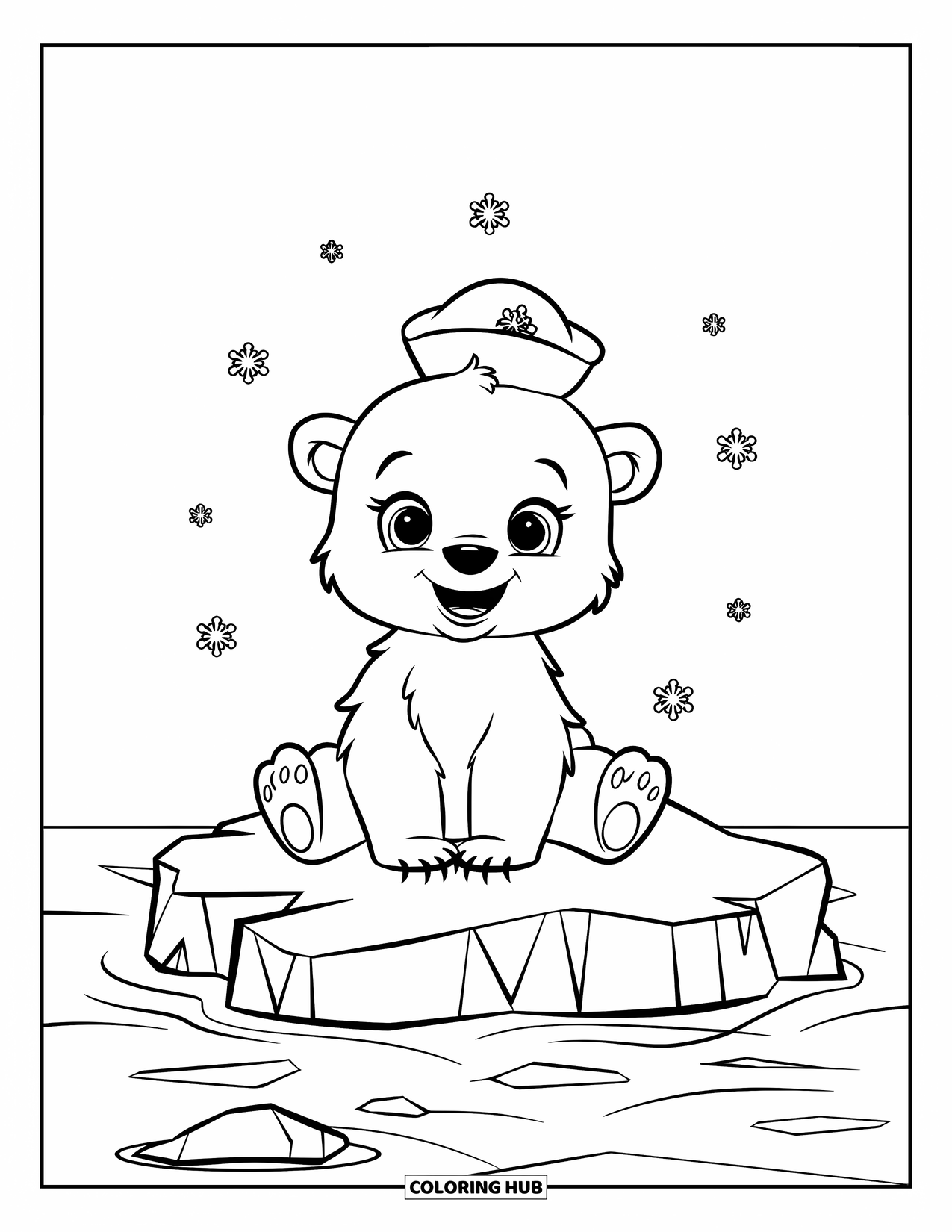 Arctic Coloring Page for Kids: A baby polar bear in a sailor hat sits on a snowy iceberg