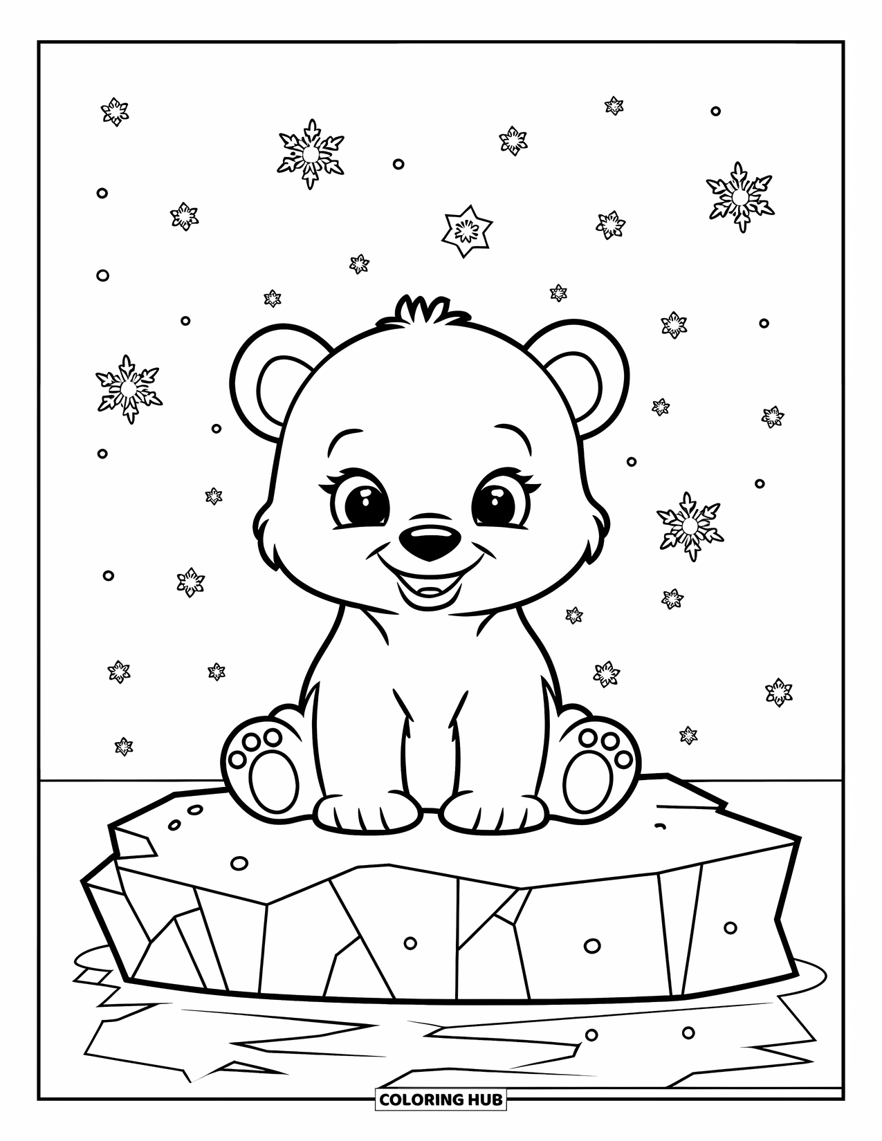 Arctic Coloring Page for Kids: A baby polar bear sits on an iceberg surrounded by tiny snowflakes