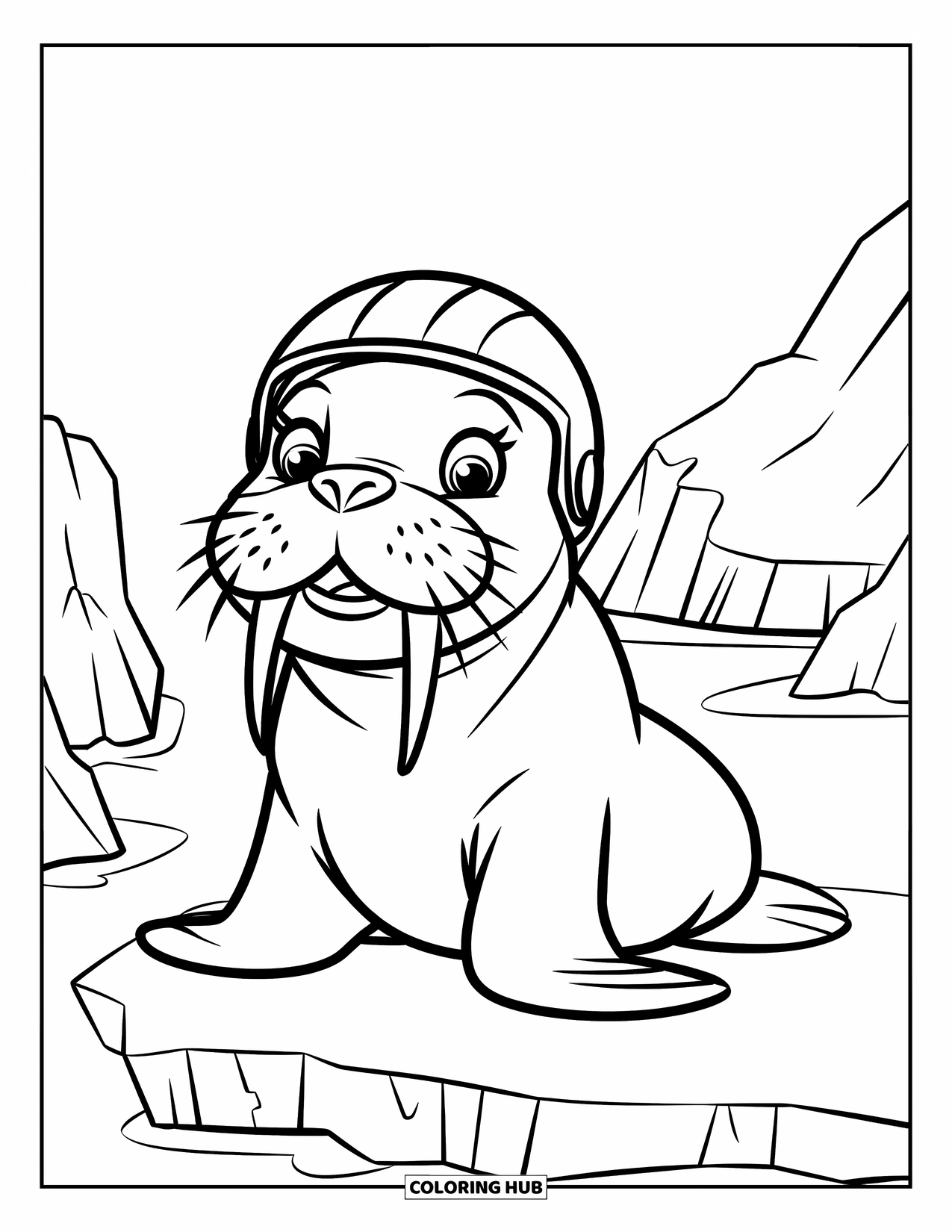 Arctic Coloring Page for Kids: A baby walrus wearing a helmet rests near floating icebergs
