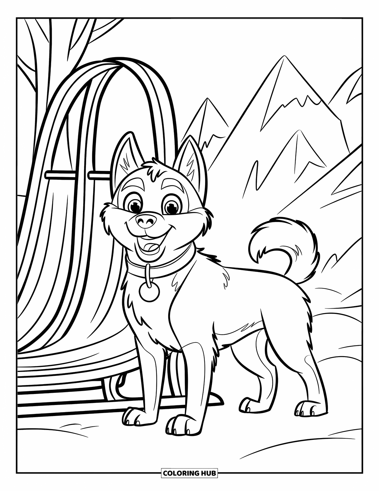 Arctic Coloring Page for Kids: A bright-eyed husky stands beside a sled near snowy mountains