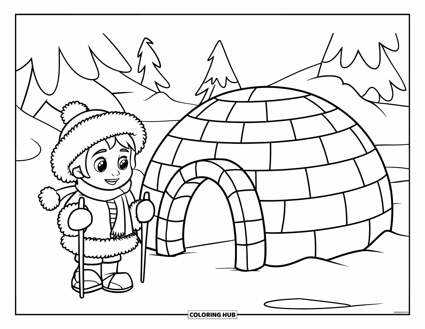 Arctic Coloring Page for Kids: A child explorer in winter clothes stands beside a snow-covered igloo