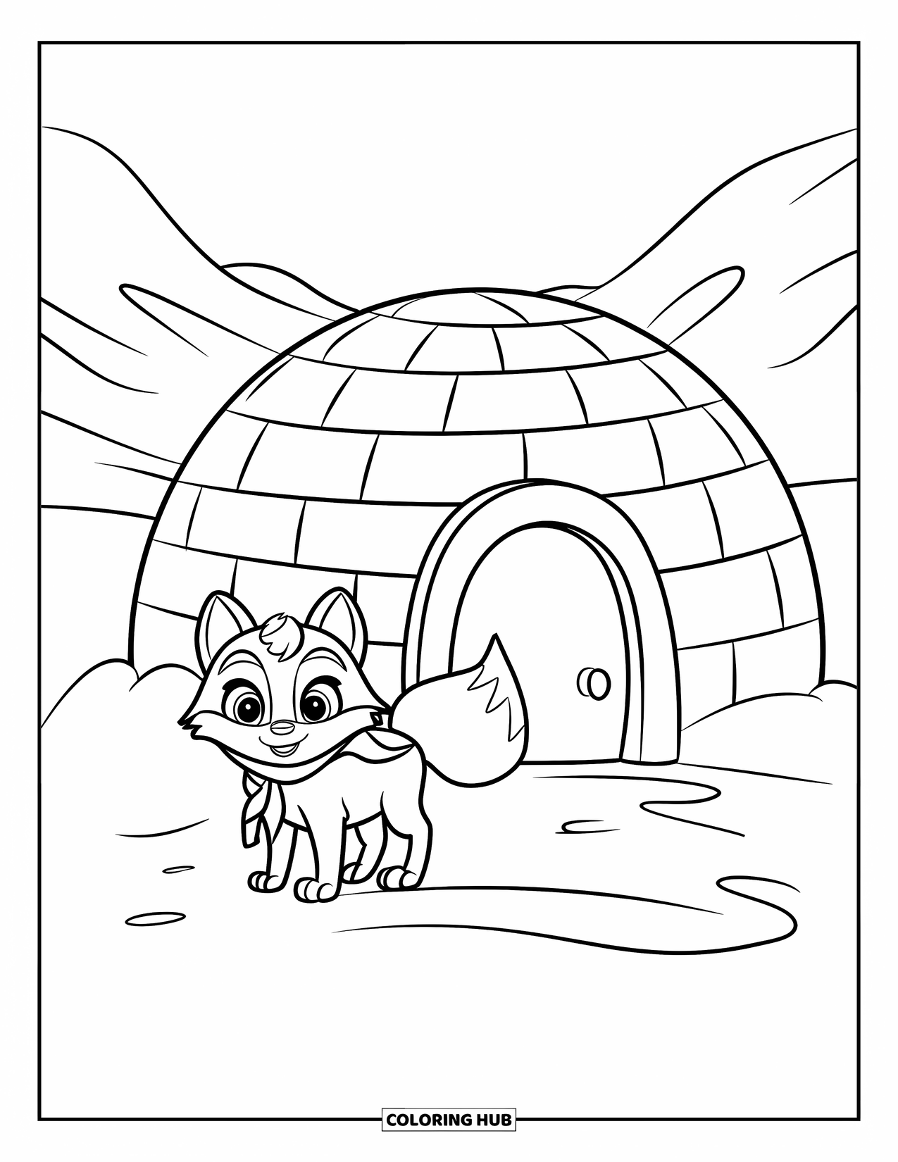 Arctic Coloring Page for Kids: A cute Arctic fox with a scarf stands next to a snowy igloo