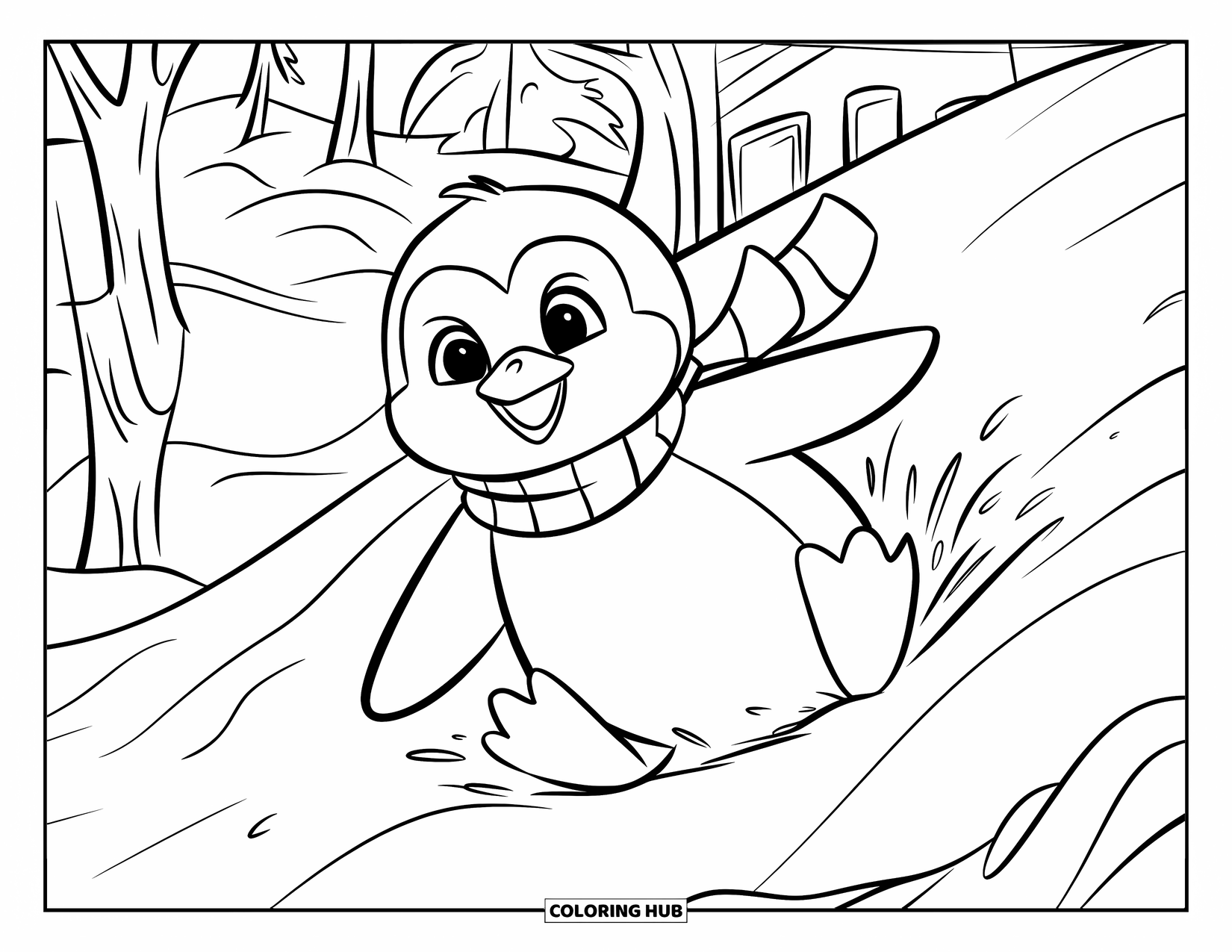 Arctic Coloring Page for Kids: A cute penguin slides playfully down a snowy hill
