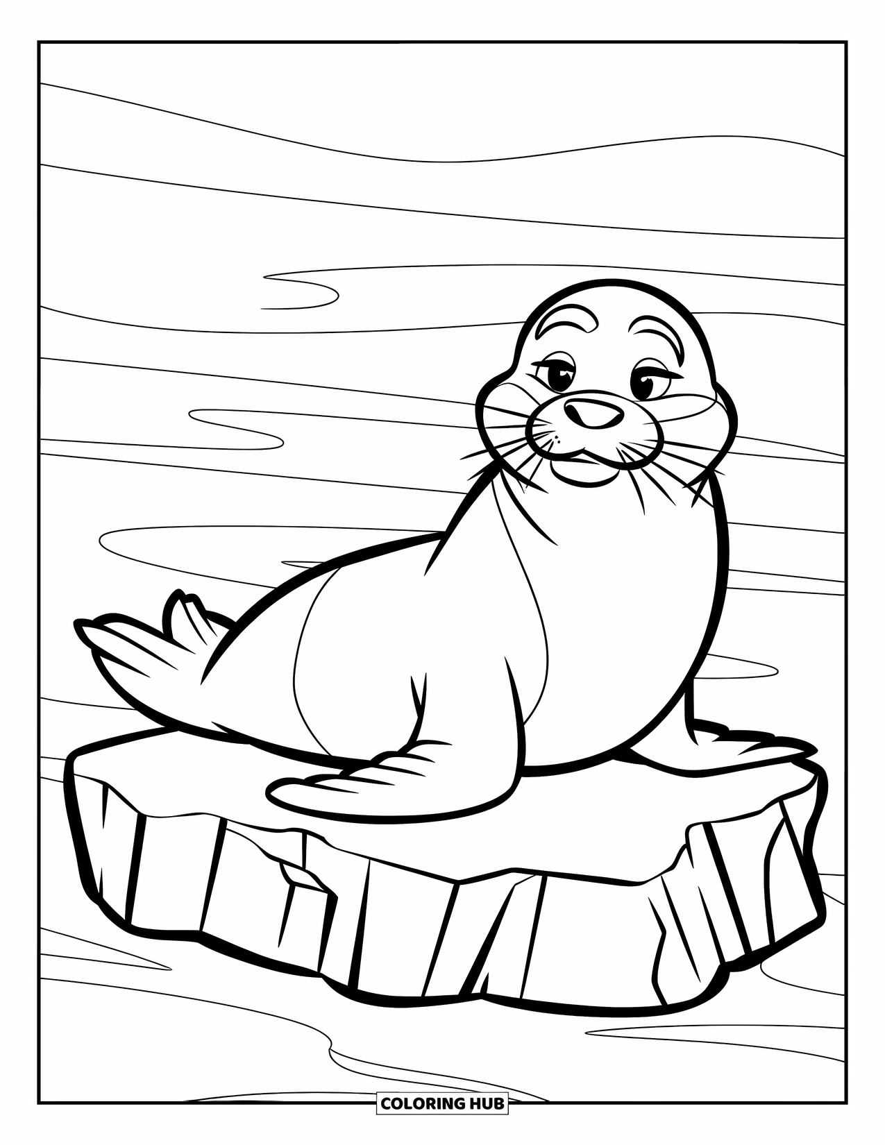 Arctic Coloring Page for Kids: A gentle seal rests on floating ice surrounded by soft waves