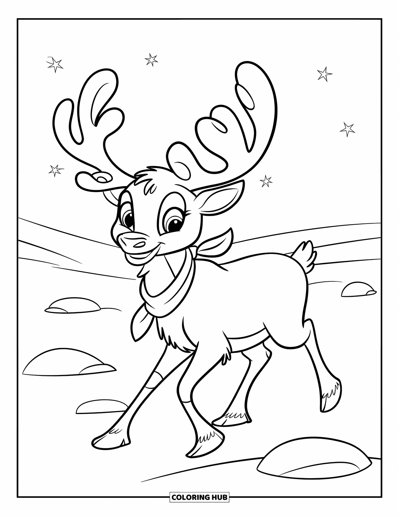 Arctic Coloring Page for Kids: A happy caribou wearing a scarf walks across a snowy plain