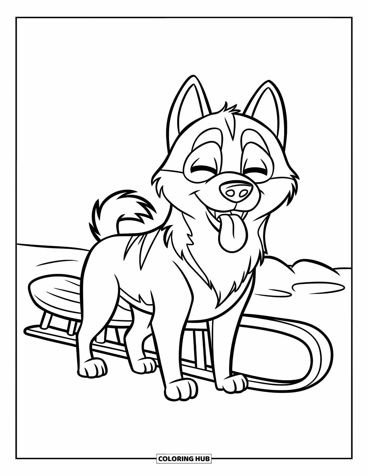 Arctic Coloring Page for Kids: A happy husky with its tongue out rests beside a sled