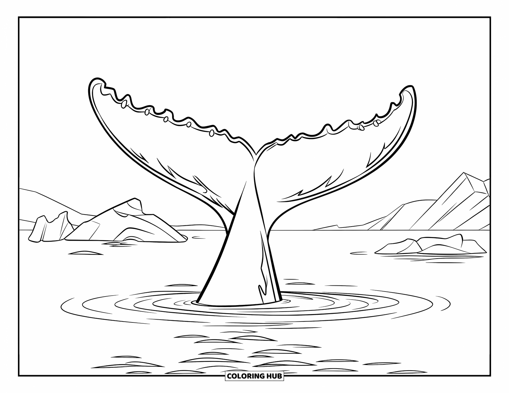 Arctic Coloring Page for Kids: A large whale's tail splashes above calm Arctic waters with icebergs