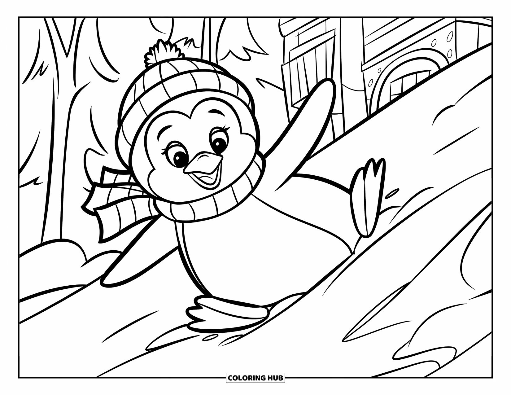 Arctic Coloring Page for Kids: A penguin wearing a scarf and hat slides down a snowy slope