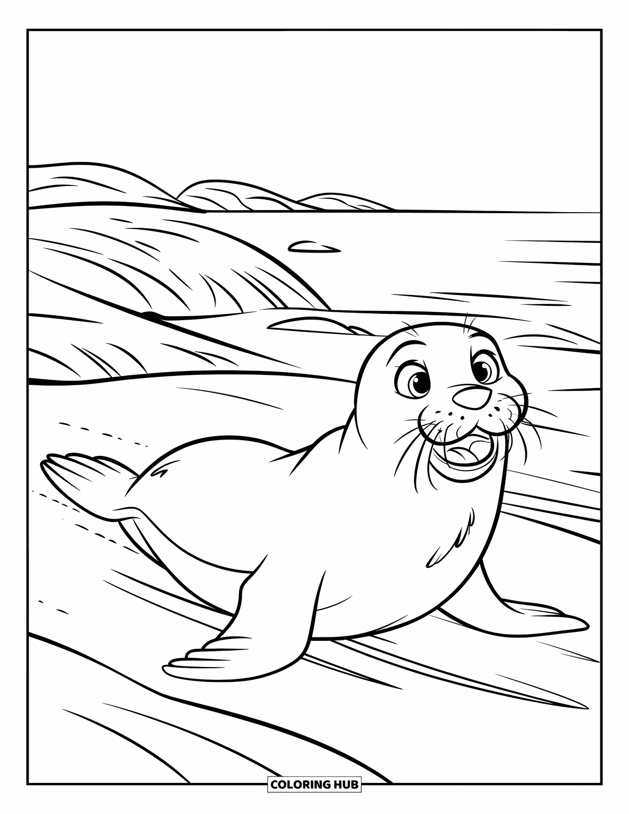 Arctic Coloring Page for Kids: A seal slides across the snow toward the open sea
