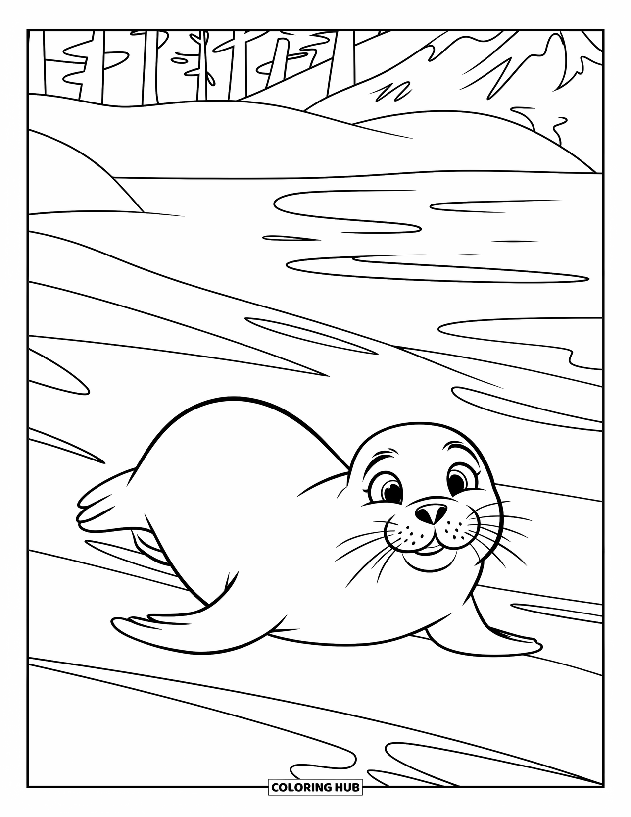 Arctic Coloring Page for Kids: A seal slides down a snowy hill surrounded by trees and mountains