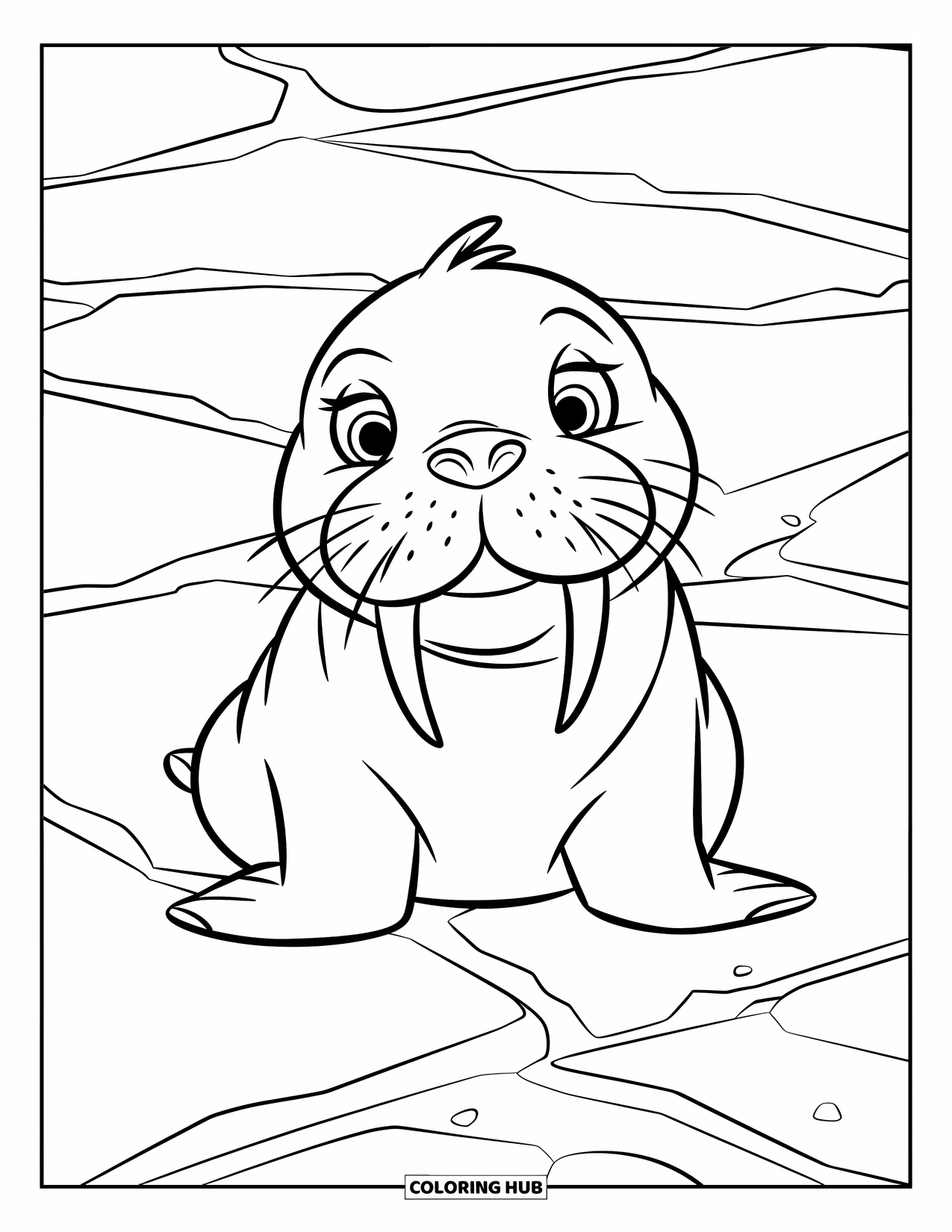 Arctic Coloring Page for Kids: A small walrus with big eyes sits on cracked ice