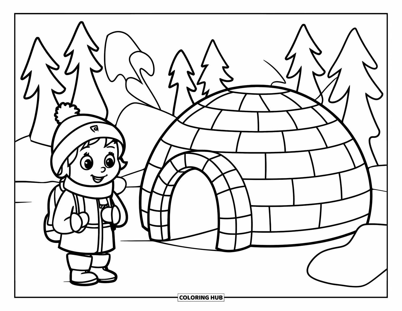 Arctic Coloring Page for Kids: A young explorer with a backpack stands near an igloo in the snow